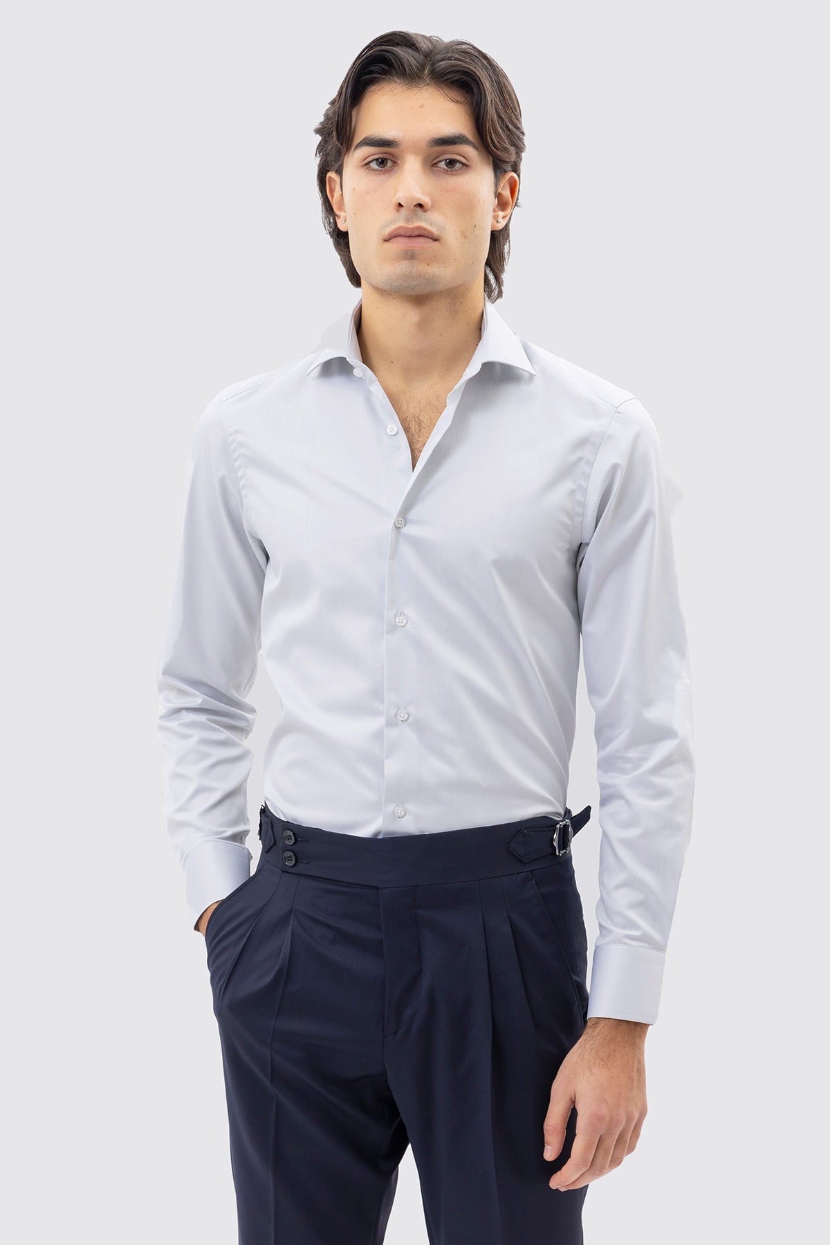 CAMICIA GRIGIO PERLA SLIM FIT 100% COTONE NO IRON TINTA UNITA COLLO SEMI FRANCESE POLSO SMUSSATO MILETA TESSUTI