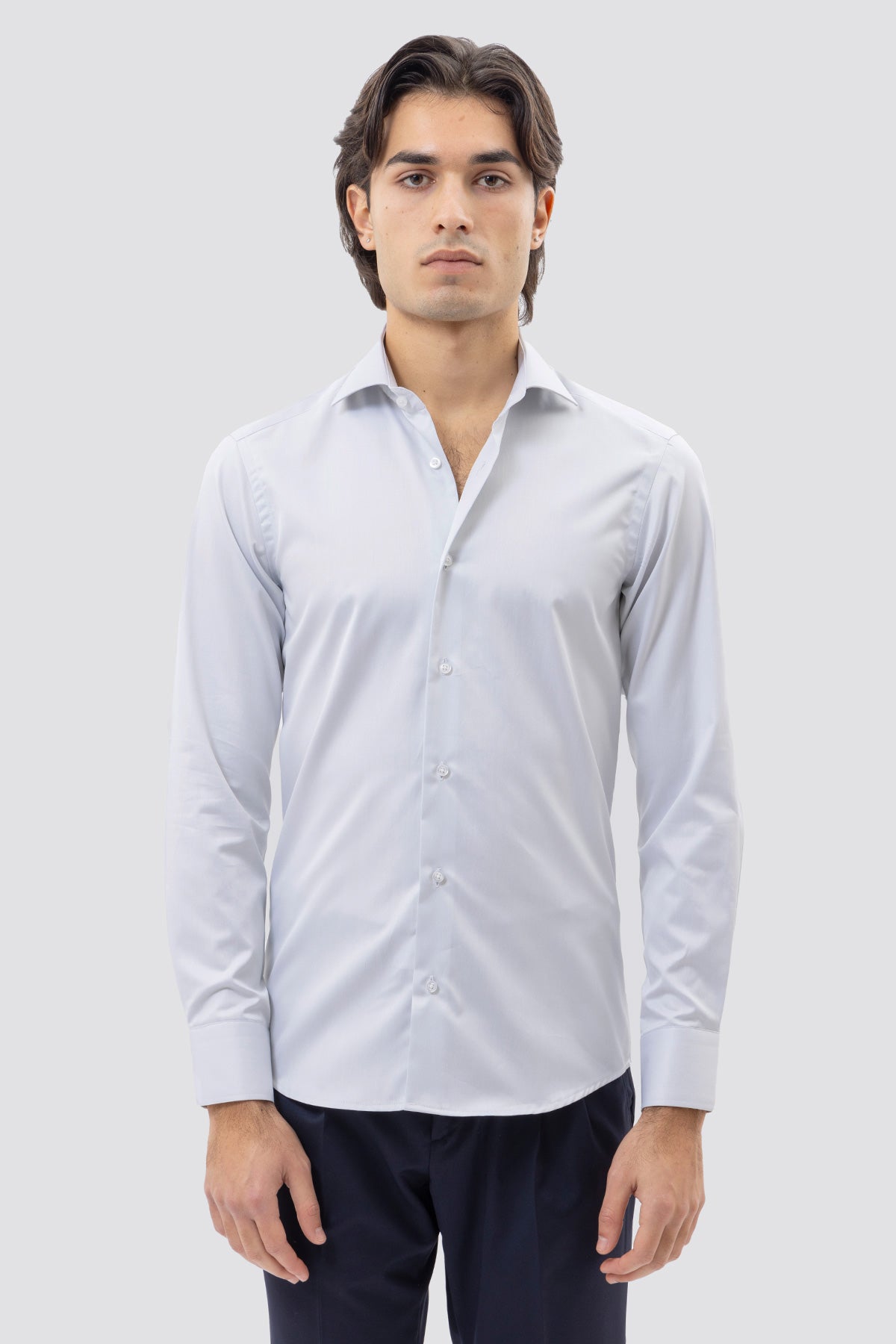 CAMICIA GRIGIO PERLA SLIM FIT 100% COTONE NO IRON TINTA UNITA COLLO SEMI FRANCESE POLSO SMUSSATO MILETA TESSUTI