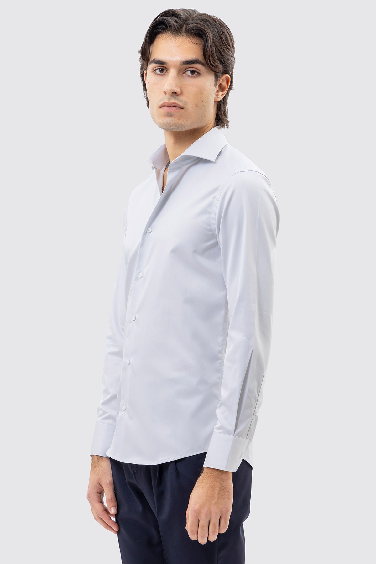 CAMICIA GRIGIO PERLA SLIM FIT 100% COTONE NO IRON TINTA UNITA COLLO SEMI FRANCESE POLSO SMUSSATO MILETA TESSUTI