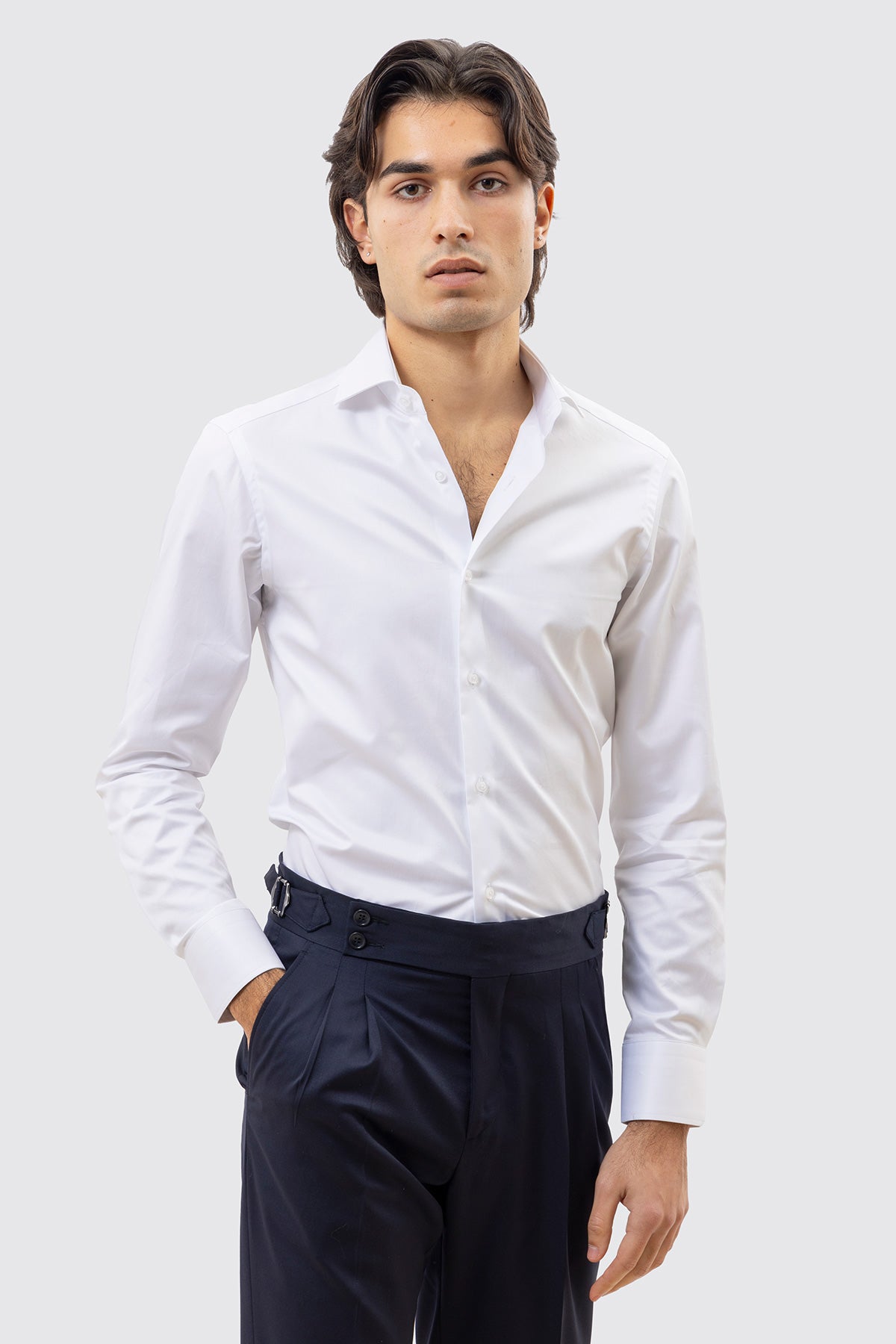CAMICIA BIANCA SLIM FIT 100% COTONE NO IRON TINTA UNITA COLLO SEMI FRANCESE POLSO SMUSSATO MILETA TESSUTI