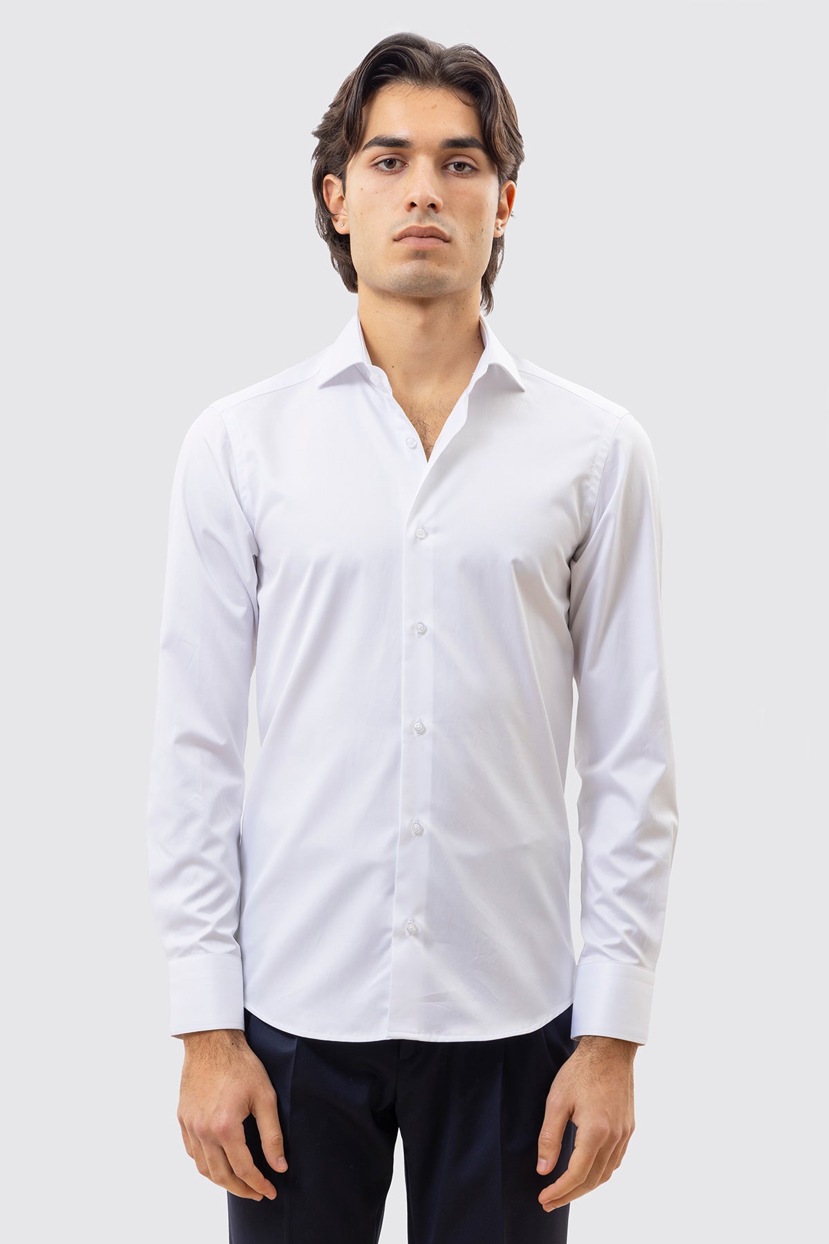 CAMICIA BIANCA SLIM FIT 100% COTONE NO IRON TINTA UNITA COLLO SEMI FRANCESE POLSO SMUSSATO MILETA TESSUTI