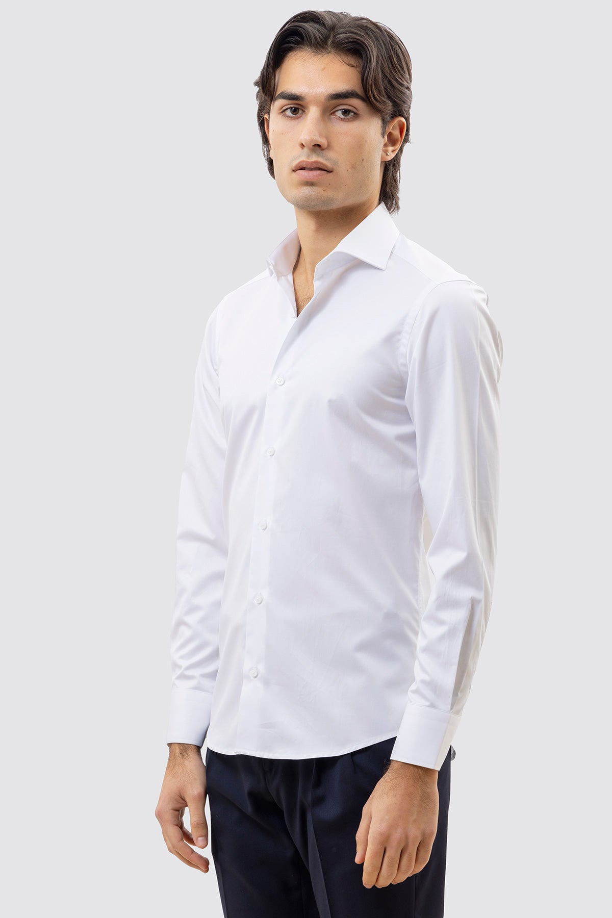CAMICIA BIANCA SLIM FIT 100% COTONE NO IRON TINTA UNITA COLLO SEMI FRANCESE POLSO SMUSSATO MILETA TESSUTI