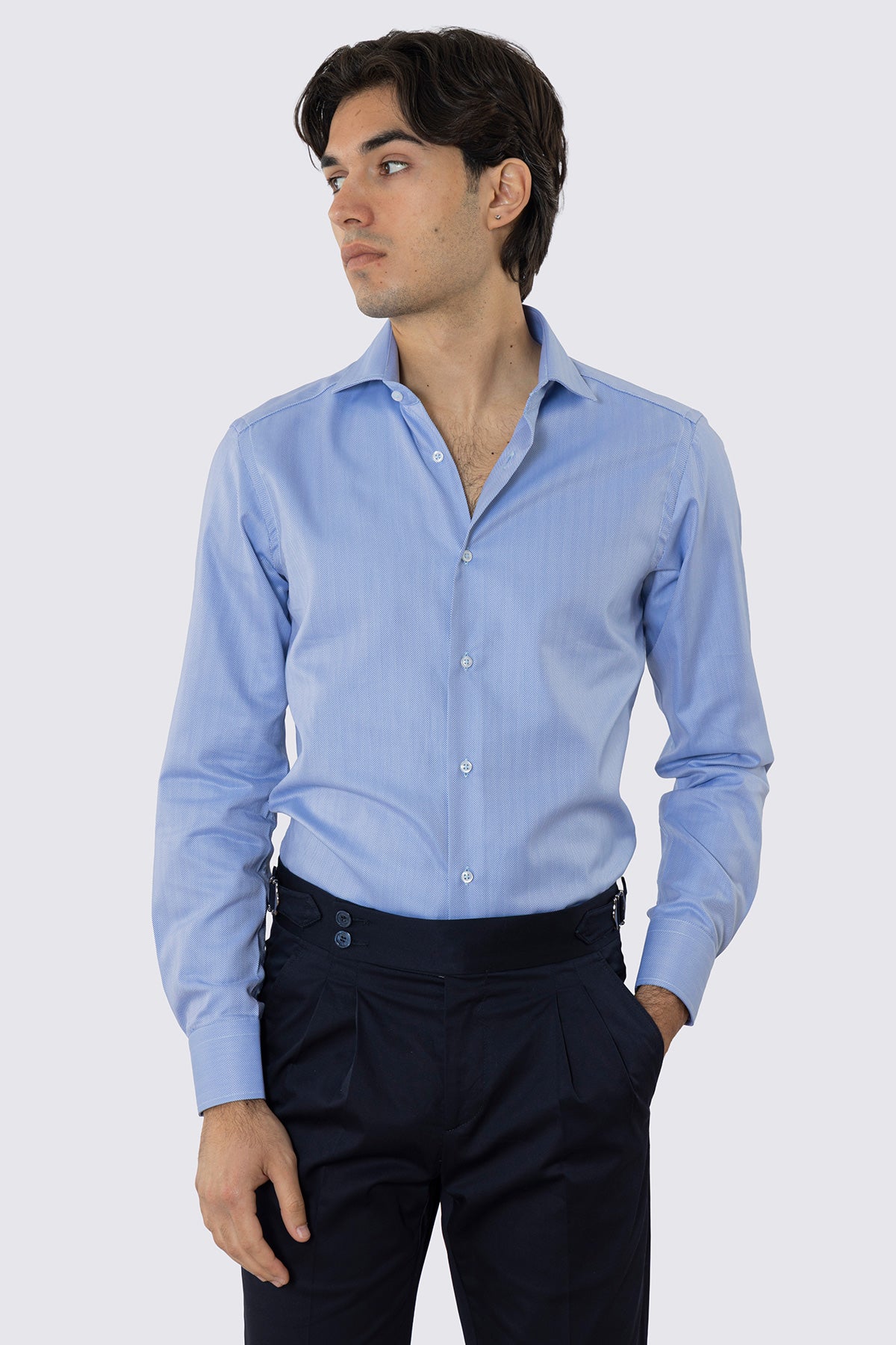 CAMICIA  AZZURRA SPIGATA SLIM FIT 100% COTONE  COLLO SEMI FRANCESE POLSO SMUSSATO MILETA TESSUTI