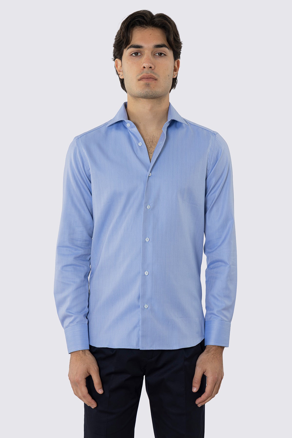 CAMICIA  AZZURRA SPIGATA SLIM FIT 100% COTONE  COLLO SEMI FRANCESE POLSO SMUSSATO MILETA TESSUTI