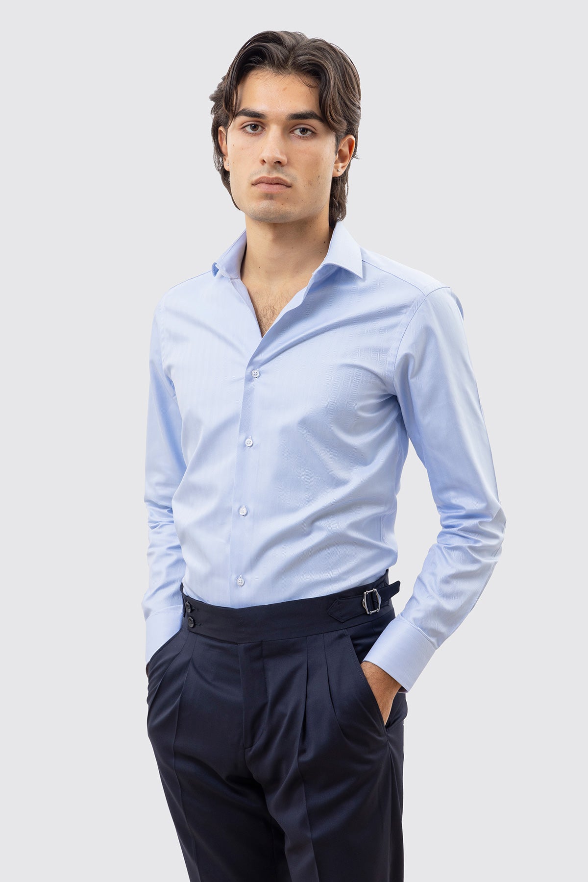 CAMICIA  CELESTE SPIGATA SLIM FIT 100% COTONE  COLLO SEMI FRANCESE POLSO SMUSSATO MILETA TESSUTI