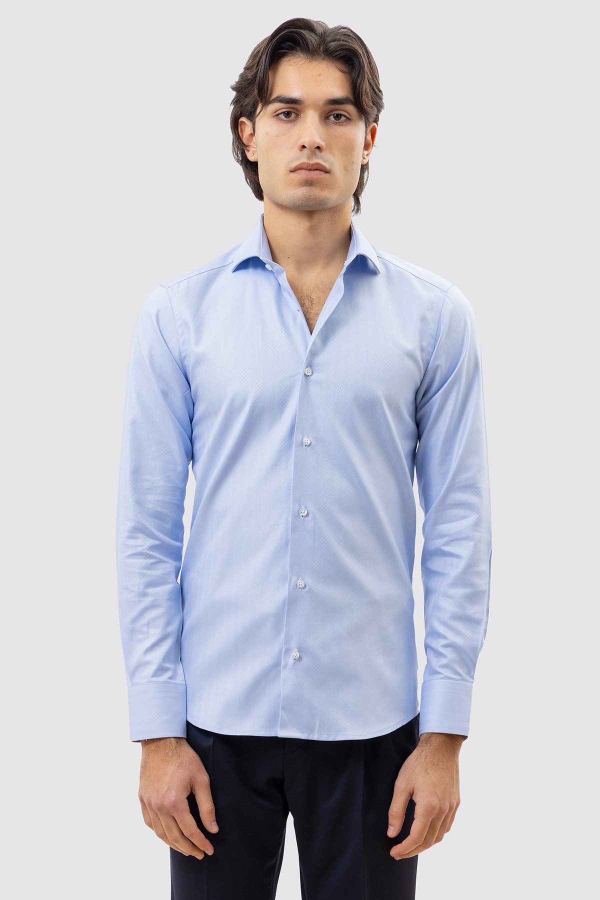 CAMICIA  CELESTE SPIGATA SLIM FIT 100% COTONE  COLLO SEMI FRANCESE POLSO SMUSSATO MILETA TESSUTI