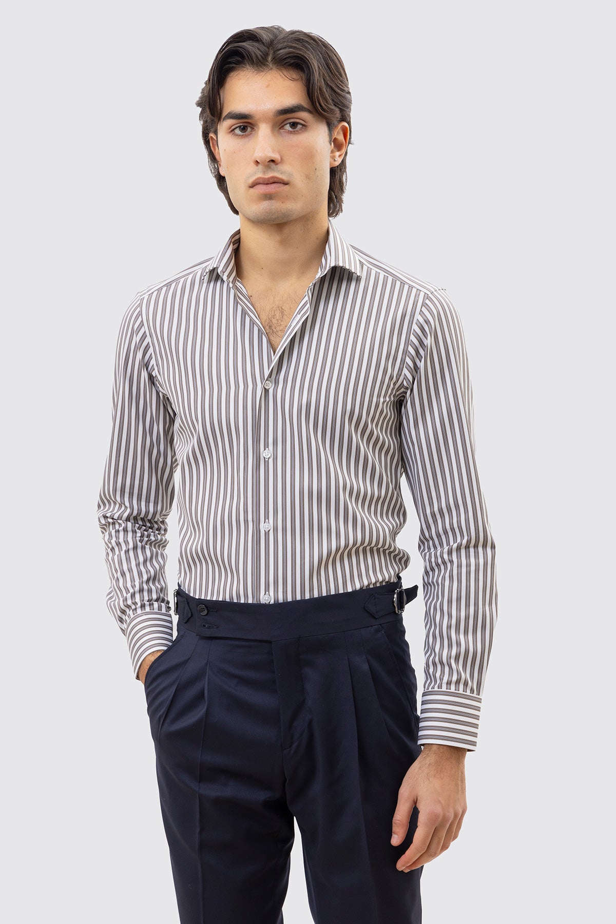 CAMICIA  BIANCA RIGA MARRONE E CELESTE SLIM FIT 100% COTONE COLLO SEMI FRANCESE POLSO SMUSSATO MILETA TESSUTI