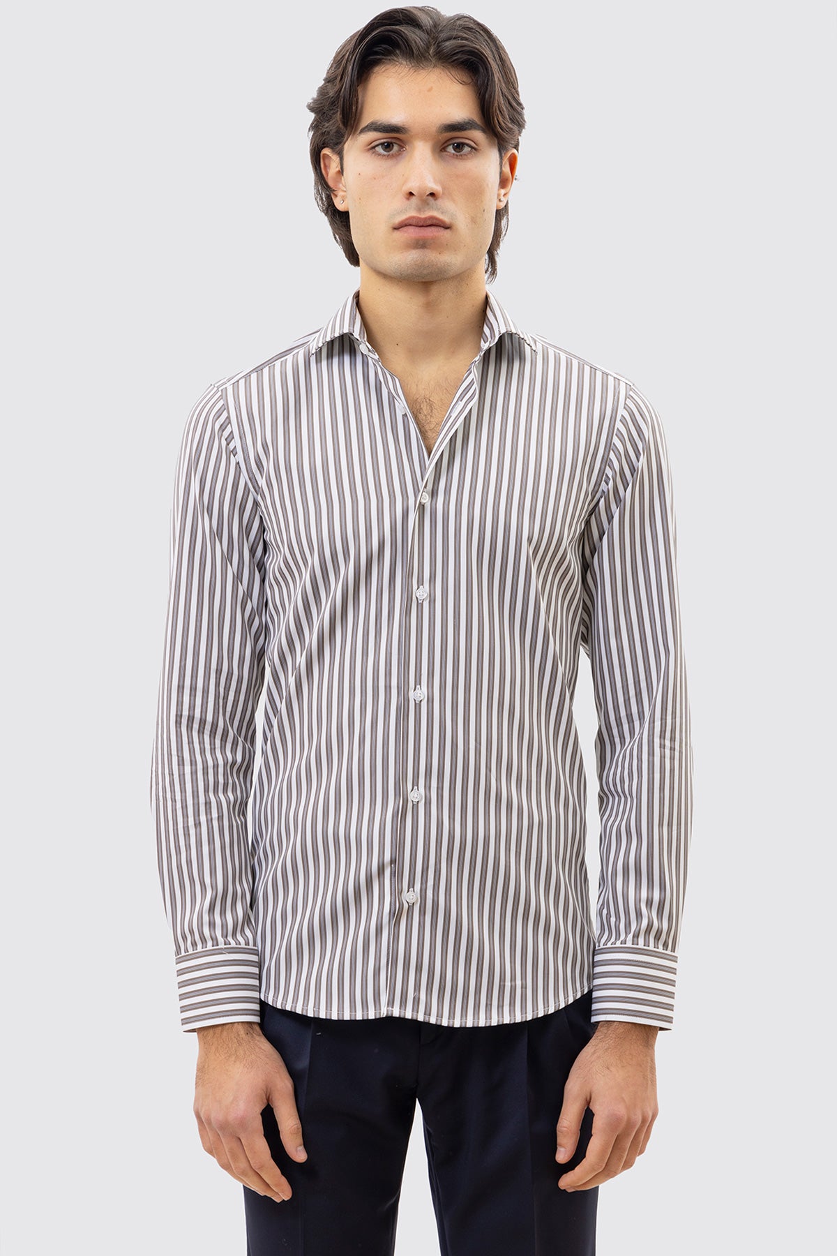 CAMICIA  BIANCA RIGA MARRONE E CELESTE SLIM FIT 100% COTONE COLLO SEMI FRANCESE POLSO SMUSSATO MILETA TESSUTI