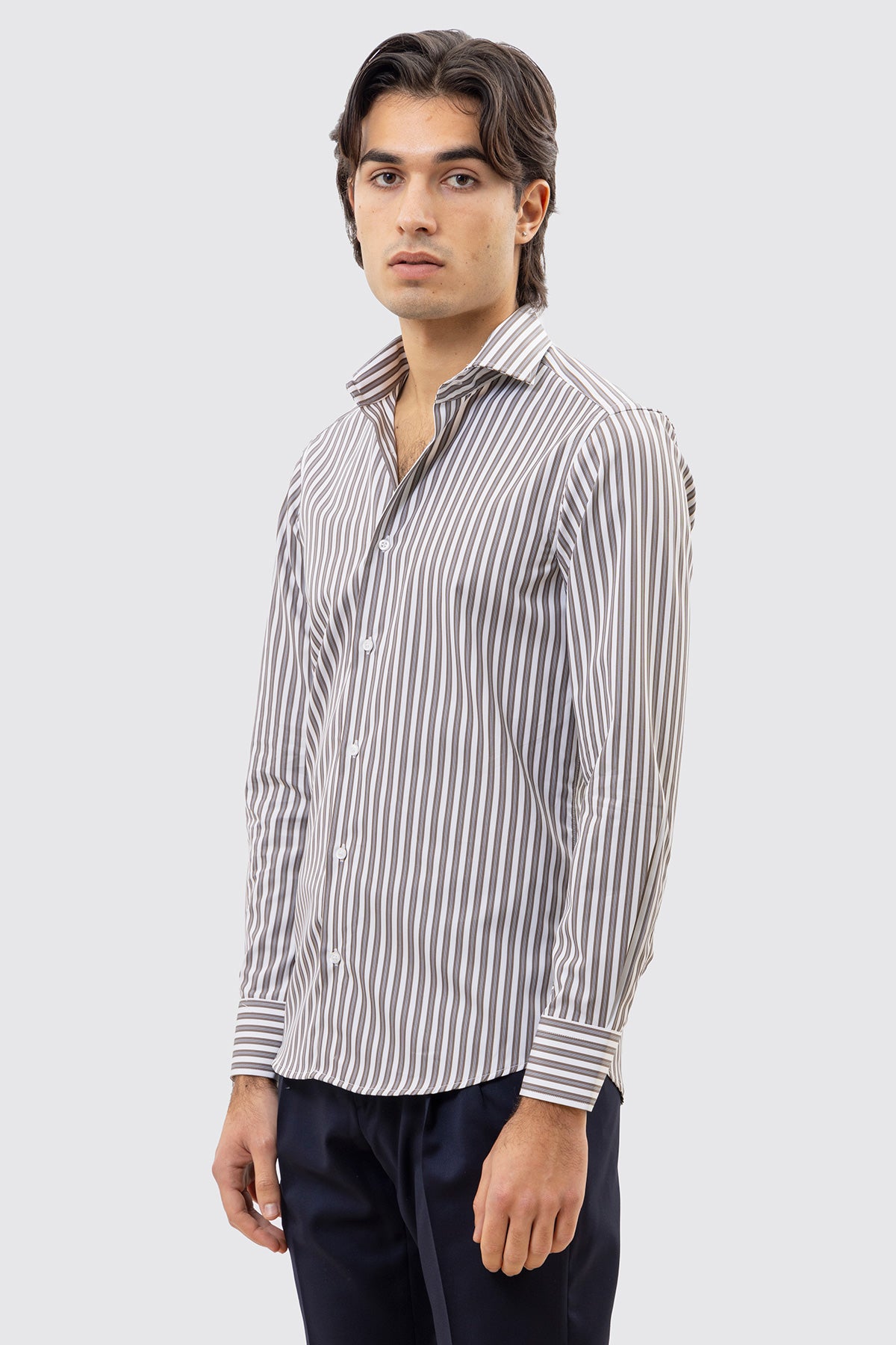 CAMICIA  BIANCA RIGA MARRONE E CELESTE SLIM FIT 100% COTONE COLLO SEMI FRANCESE POLSO SMUSSATO MILETA TESSUTI