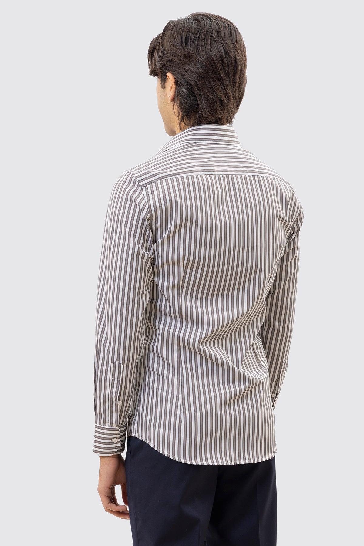 CAMICIA  BIANCA RIGA MARRONE E CELESTE SLIM FIT 100% COTONE COLLO SEMI FRANCESE POLSO SMUSSATO MILETA TESSUTI