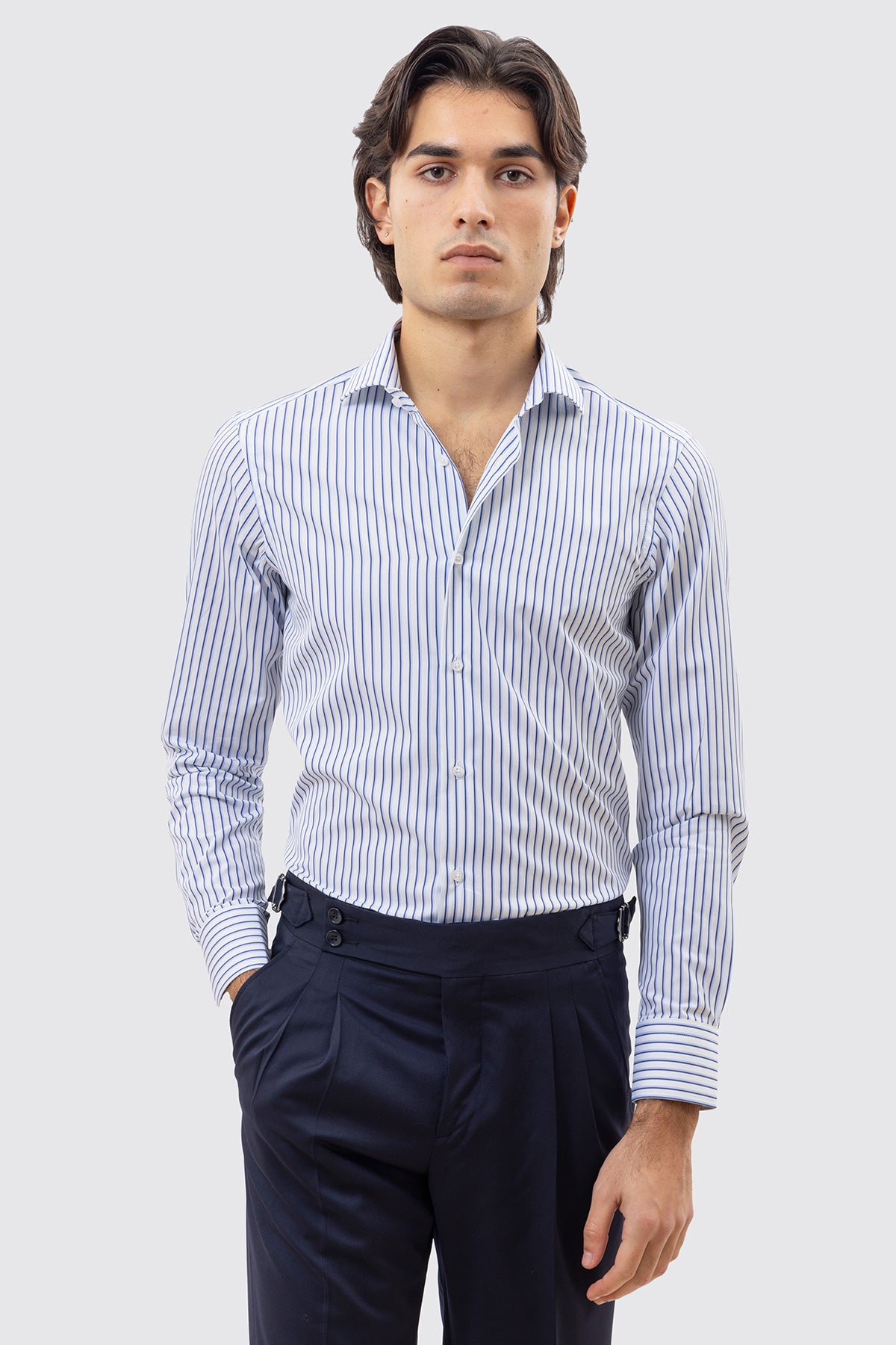 CAMICIA  BIANCA RIGA BLU E CELESTE SLIM FIT 100% COTONE COLLO SEMI FRANCESE POLSO SMUSSATO MILETA TESSUTI