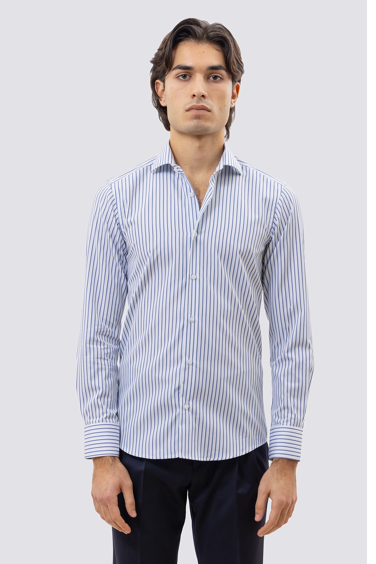 CAMICIA  BIANCA RIGA BLU E CELESTE SLIM FIT 100% COTONE COLLO SEMI FRANCESE POLSO SMUSSATO MILETA TESSUTI
