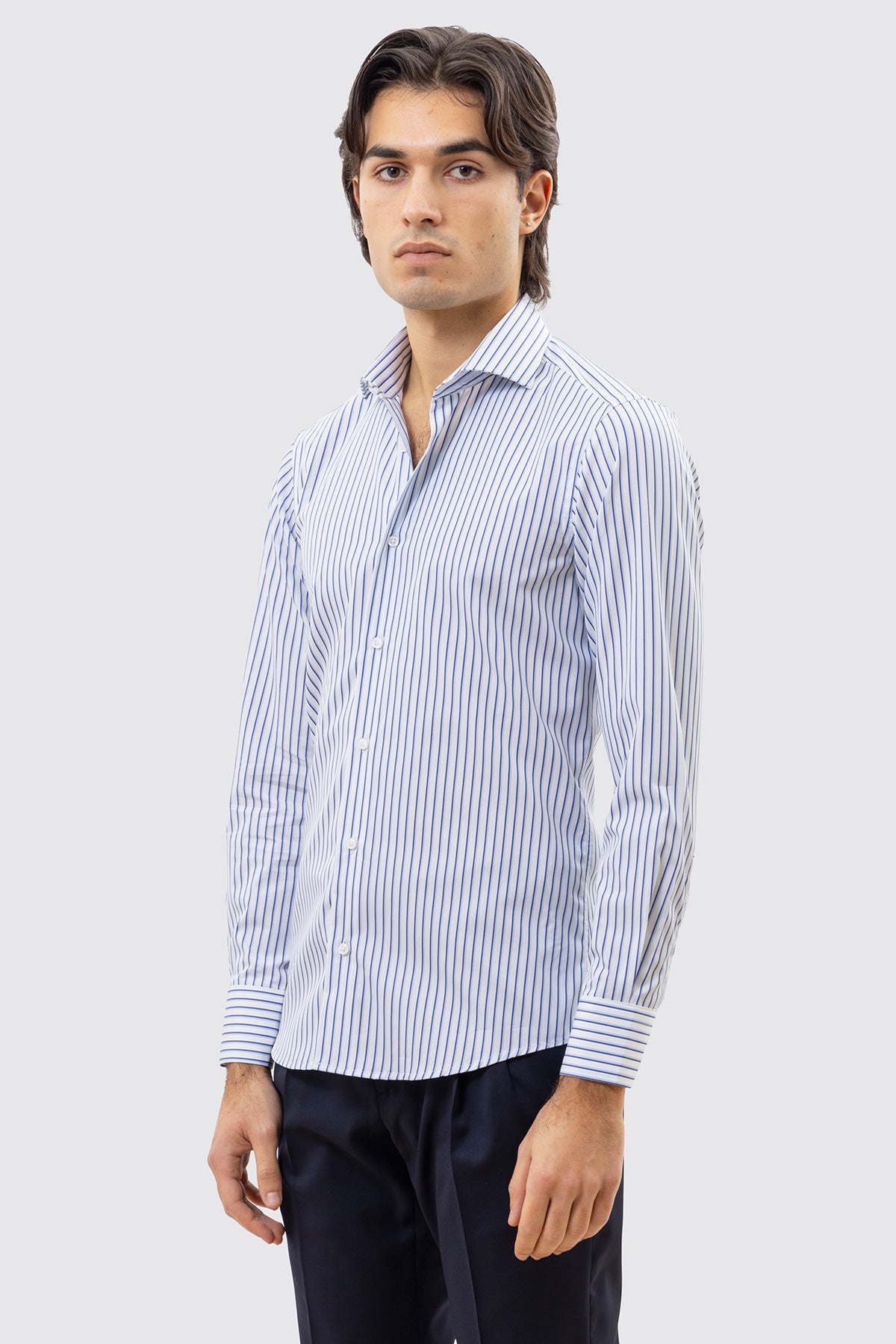 CAMICIA  BIANCA RIGA BLU E CELESTE SLIM FIT 100% COTONE COLLO SEMI FRANCESE POLSO SMUSSATO MILETA TESSUTI