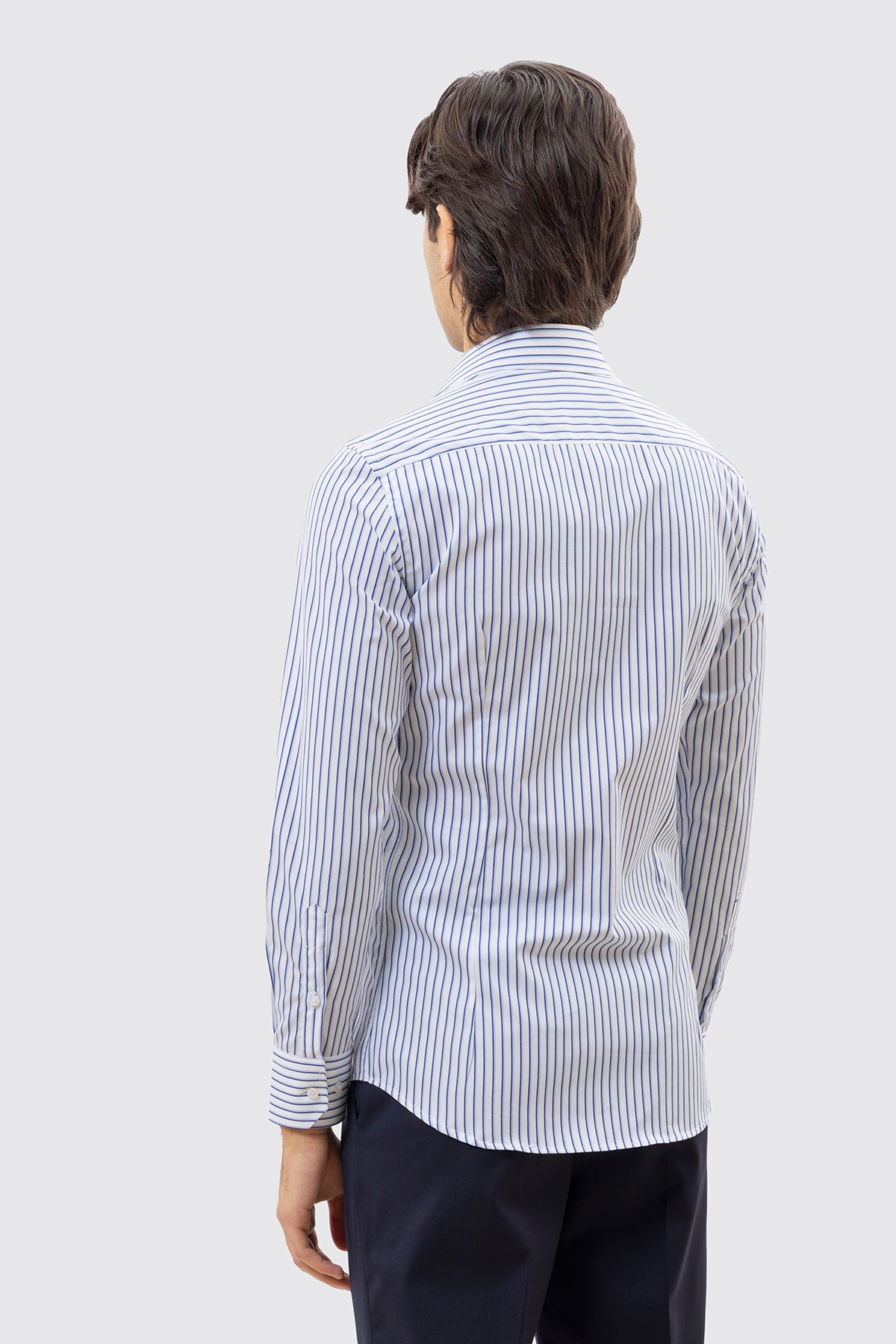 CAMICIA  BIANCA RIGA BLU E CELESTE SLIM FIT 100% COTONE COLLO SEMI FRANCESE POLSO SMUSSATO MILETA TESSUTI