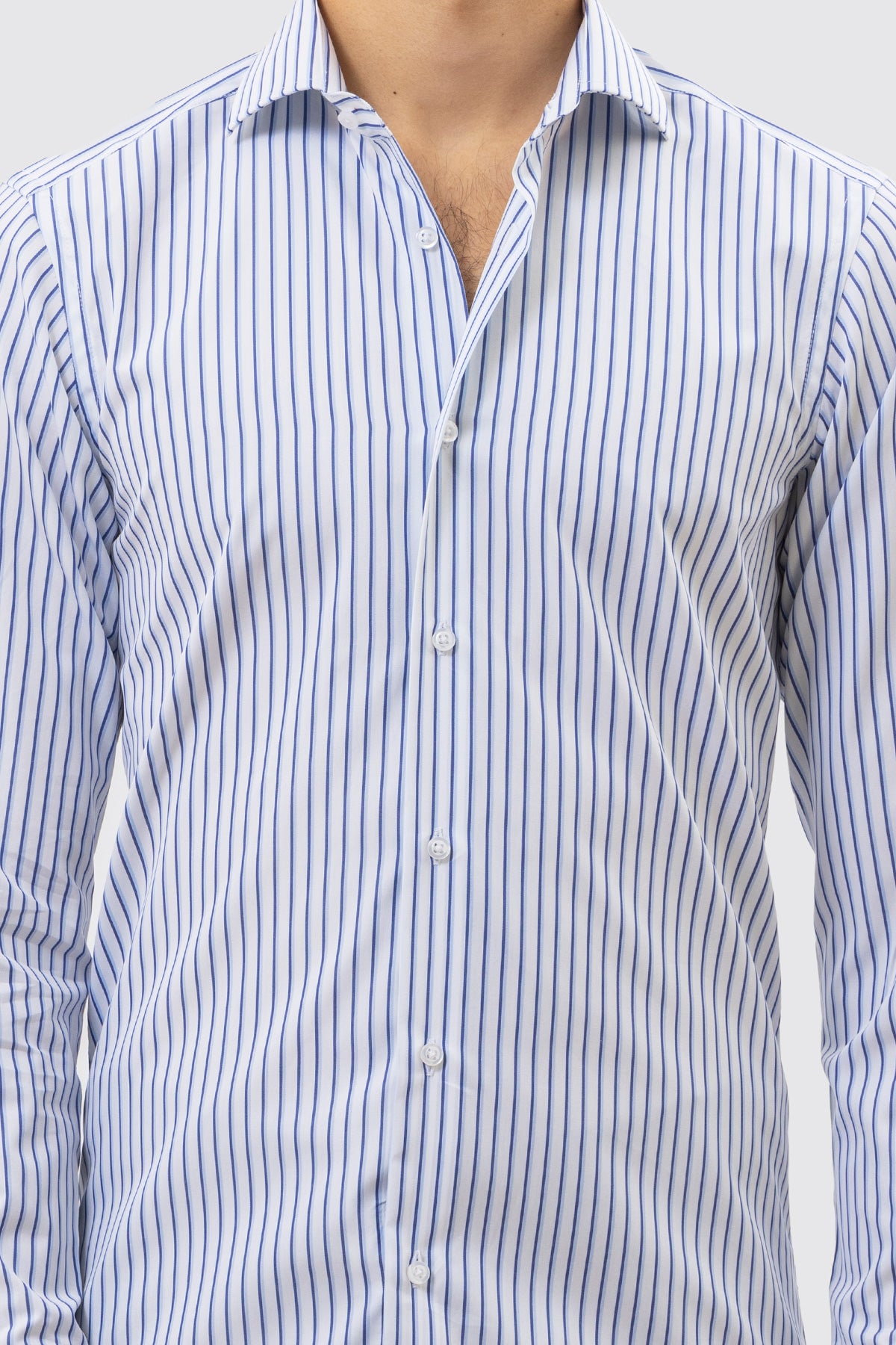 CAMICIA  BIANCA RIGA BLU E CELESTE SLIM FIT 100% COTONE COLLO SEMI FRANCESE POLSO SMUSSATO MILETA TESSUTI