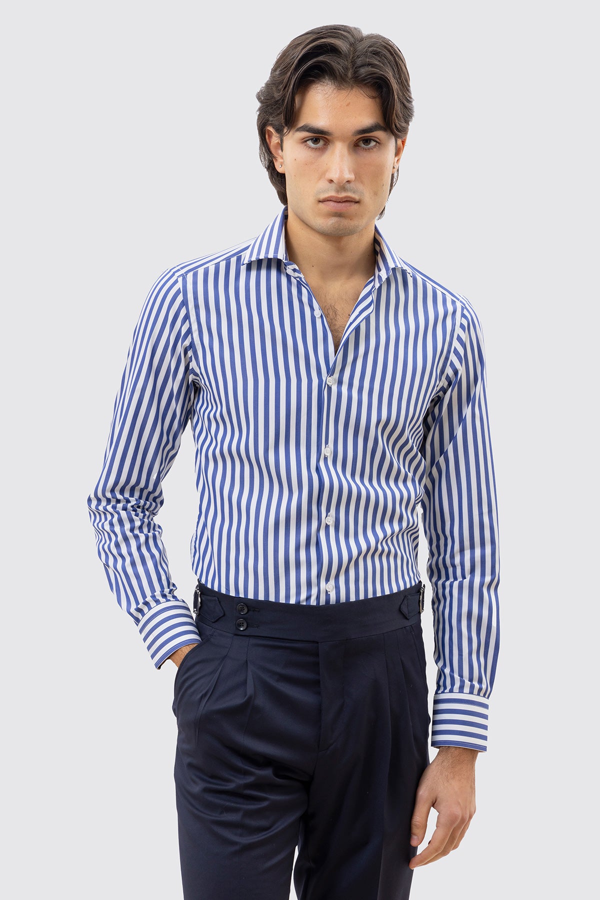 CAMICIA  BIANCA RIGA LARGA BLU SLIM FIT 100% COTONE COLLO SEMI FRANCESE POLSO SMUSSATO MILETA TESSUTI