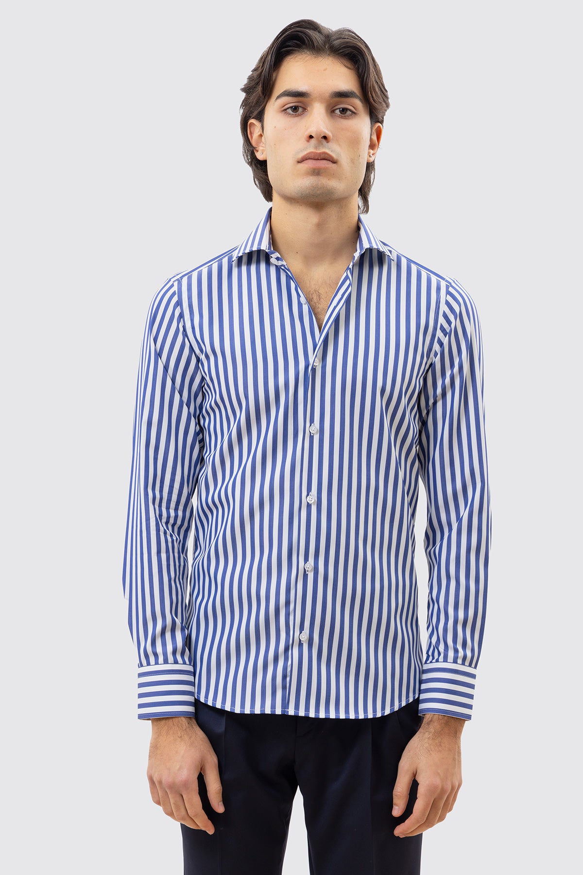CAMICIA  BIANCA RIGA LARGA BLU SLIM FIT 100% COTONE COLLO SEMI FRANCESE POLSO SMUSSATO MILETA TESSUTI
