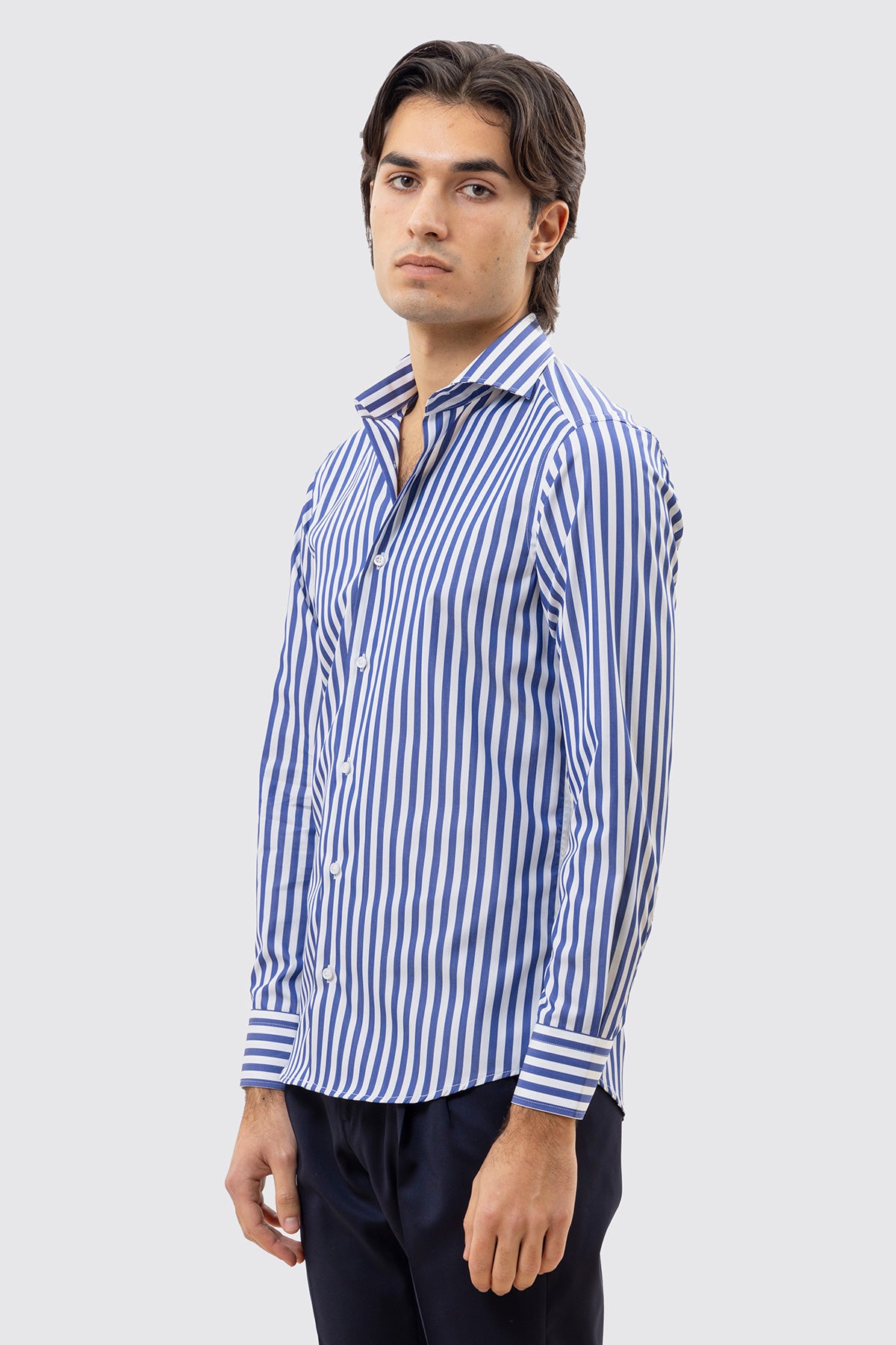 CAMICIA  BIANCA RIGA LARGA BLU SLIM FIT 100% COTONE COLLO SEMI FRANCESE POLSO SMUSSATO MILETA TESSUTI