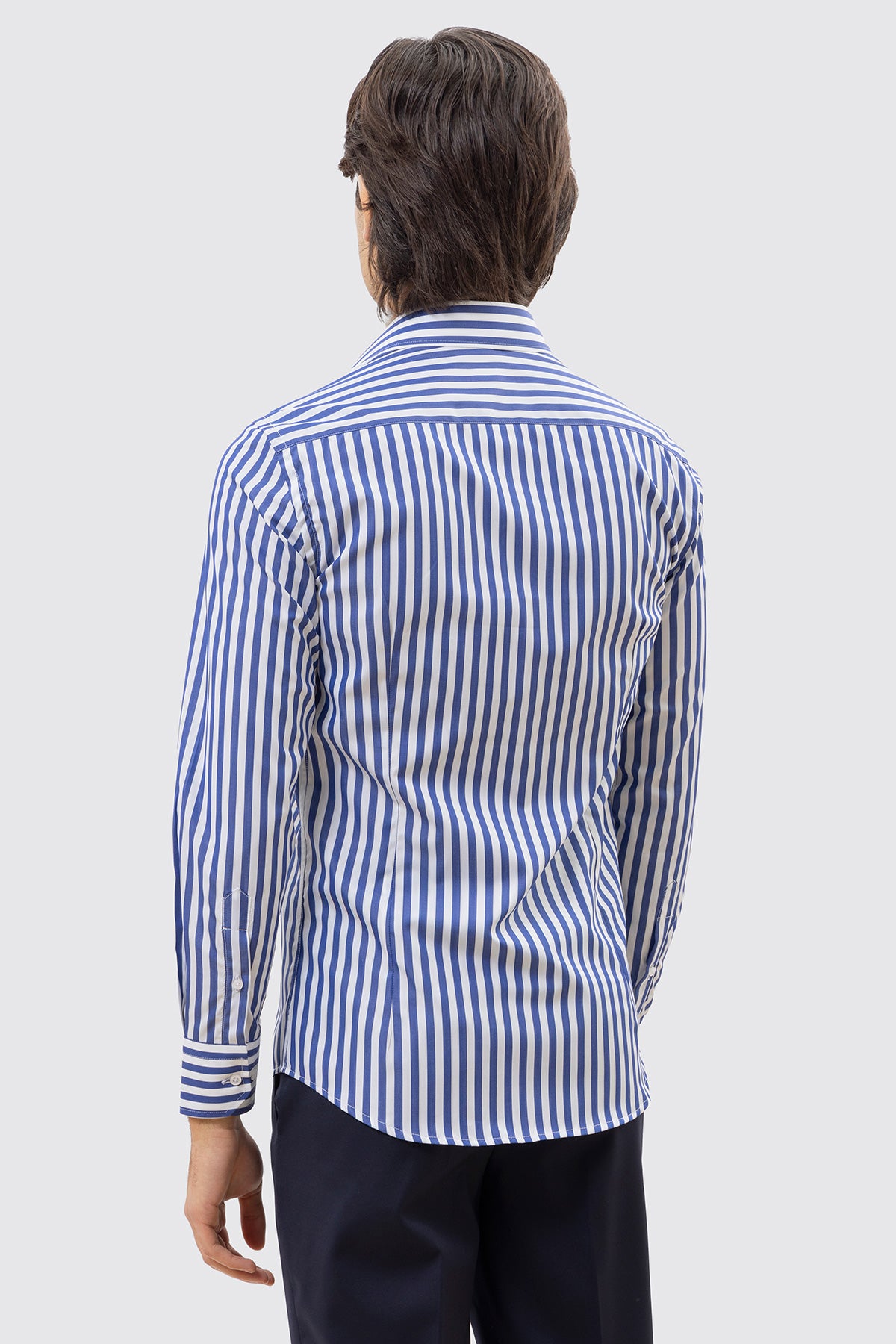 CAMICIA  BIANCA RIGA LARGA BLU SLIM FIT 100% COTONE COLLO SEMI FRANCESE POLSO SMUSSATO MILETA TESSUTI