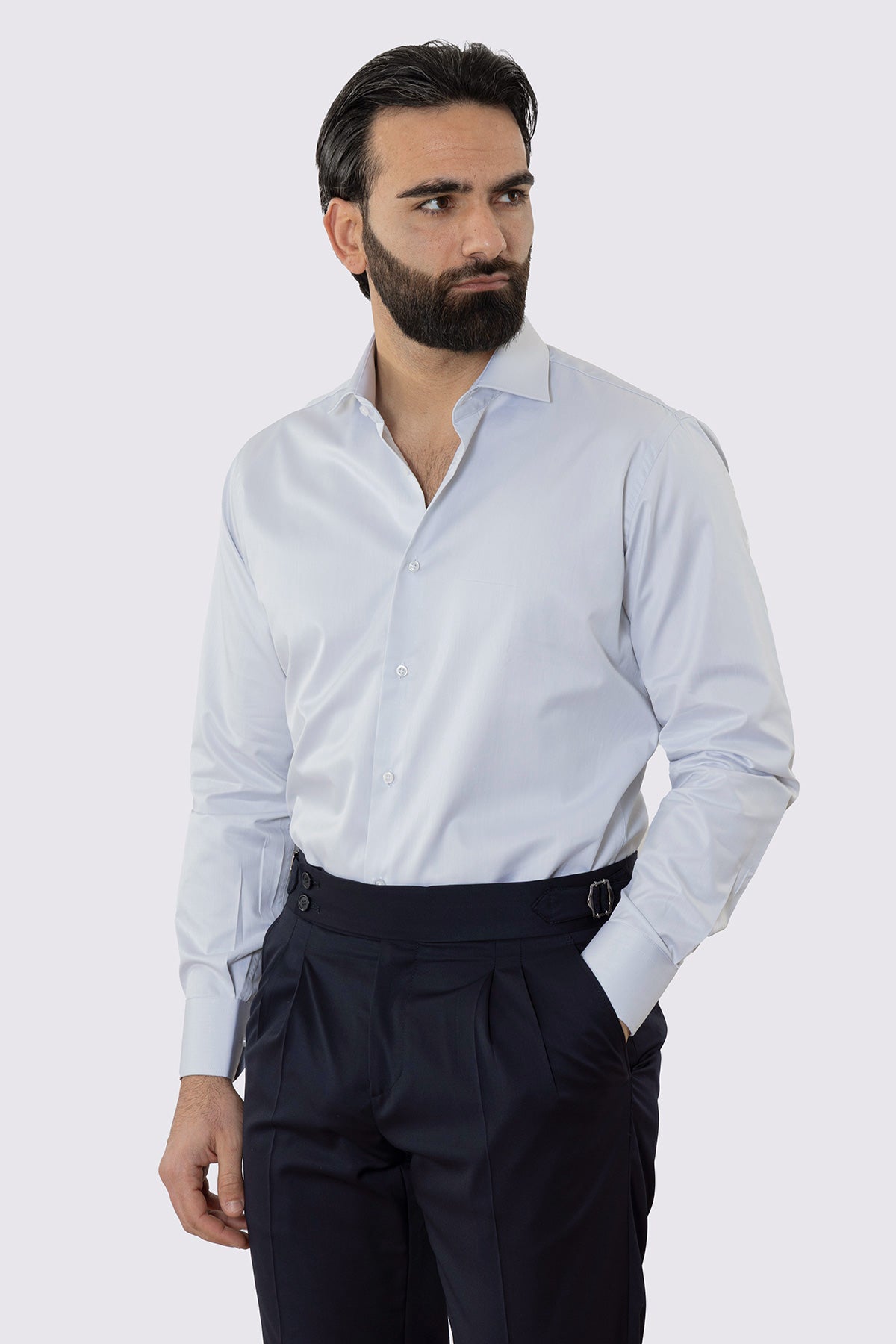 CAMICIA GRIGIO PERLA REGULAR FIT 100% COTONE NO IRON TINTA UNITA COLLO SEMI FRANCESE POLSO SMUSSATO MILETA TESSUTI