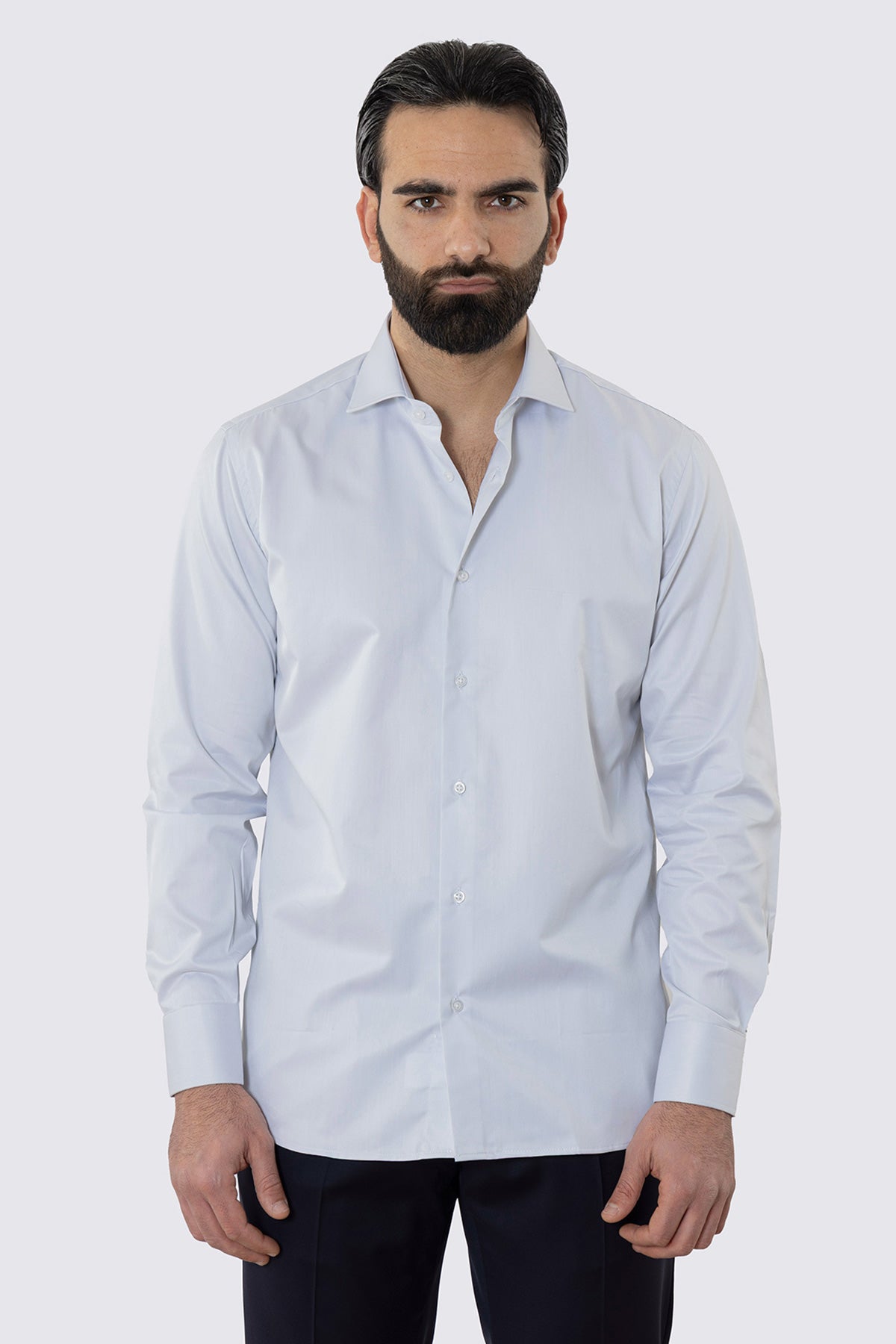 CAMICIA GRIGIO PERLA REGULAR FIT 100% COTONE NO IRON TINTA UNITA COLLO SEMI FRANCESE POLSO SMUSSATO MILETA TESSUTI