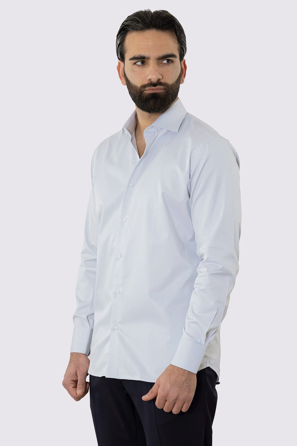 CAMICIA GRIGIO PERLA REGULAR FIT 100% COTONE NO IRON TINTA UNITA COLLO SEMI FRANCESE POLSO SMUSSATO MILETA TESSUTI
