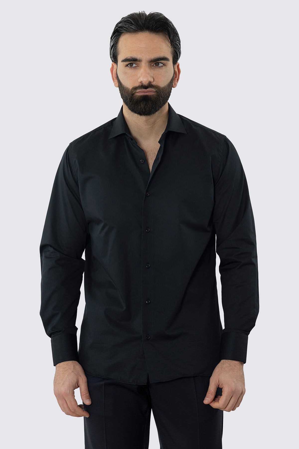 CAMICIA NERA REGULAR FIT 100% COTONE NO IRON TINTA UNITA COLLO SEMI FRANCESE POLSO SMUSSATO MILETA TESSUTI
