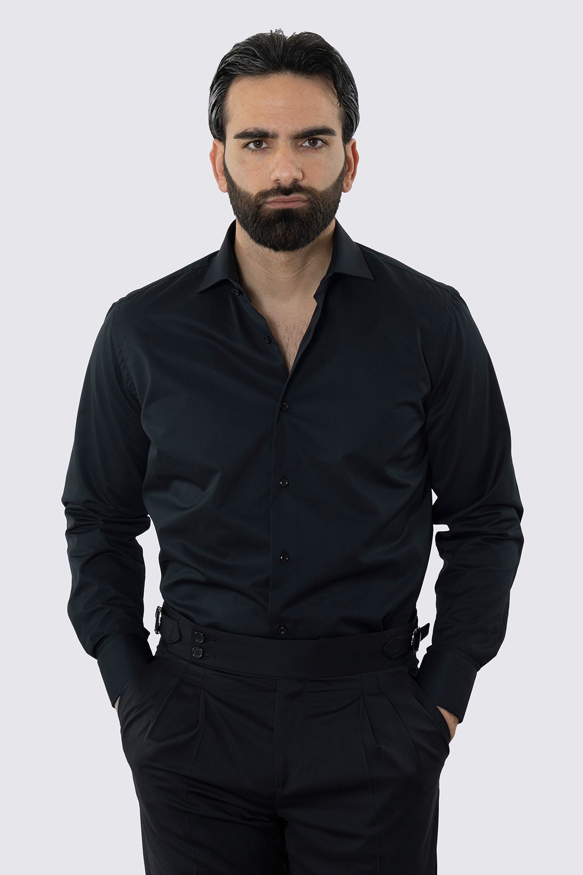CAMICIA NERA REGULAR FIT 100% COTONE NO IRON TINTA UNITA COLLO SEMI FRANCESE POLSO SMUSSATO MILETA TESSUTI
