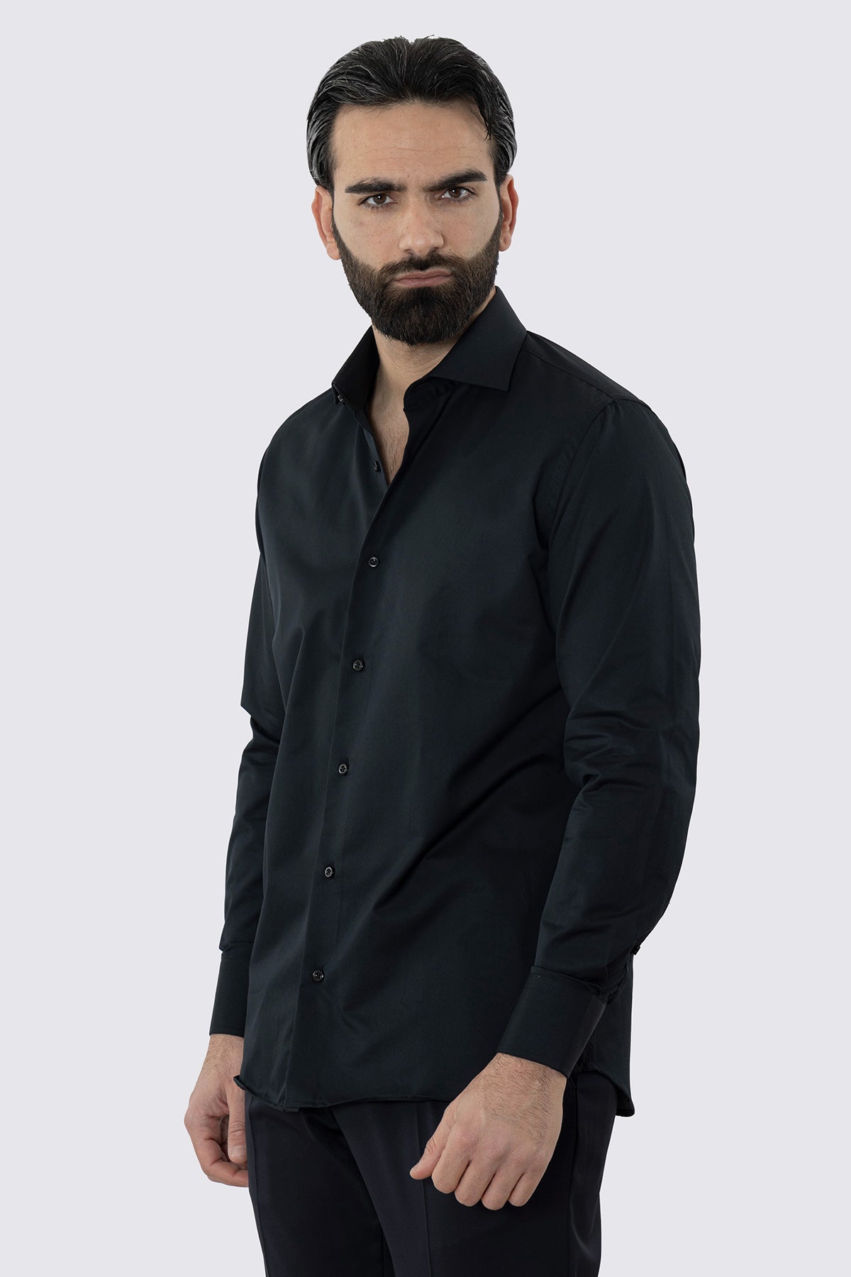 CAMICIA NERA REGULAR FIT 100% COTONE NO IRON TINTA UNITA COLLO SEMI FRANCESE POLSO SMUSSATO MILETA TESSUTI