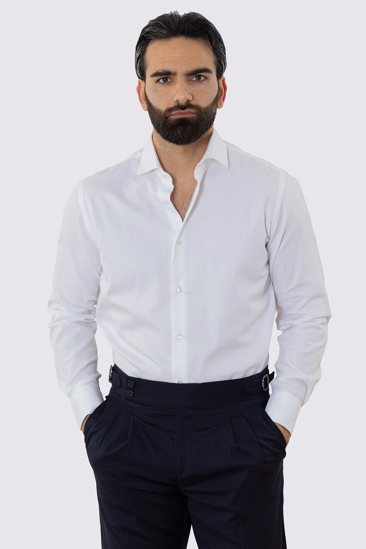 CAMICIA BIANCA REGULAR FIT 100% COTONE NO IRON TINTA UNITA COLLO SEMI FRANCESE POLSO SMUSSATO MILETA TESSUTI