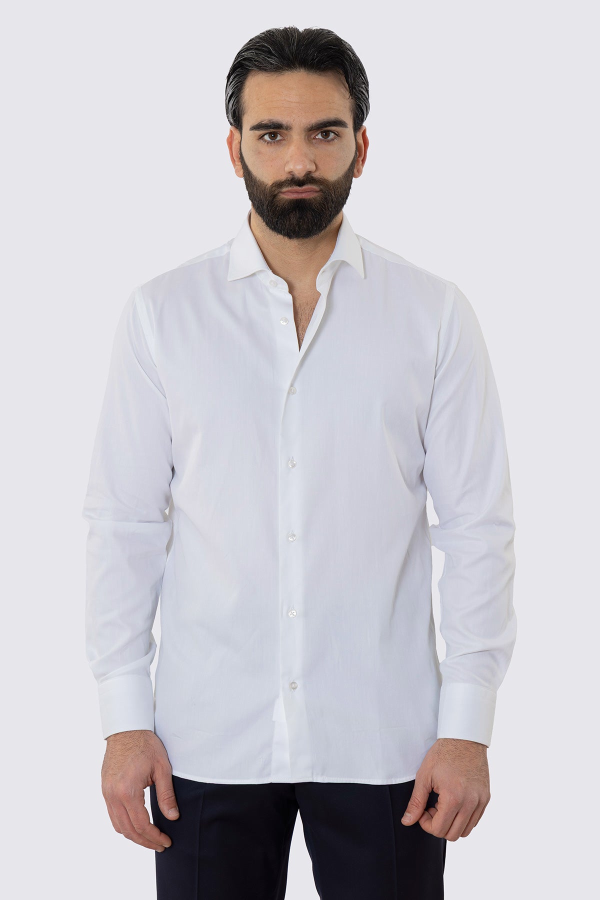 CAMICIA BIANCA REGULAR FIT 100% COTONE NO IRON TINTA UNITA COLLO SEMI FRANCESE POLSO SMUSSATO MILETA TESSUTI