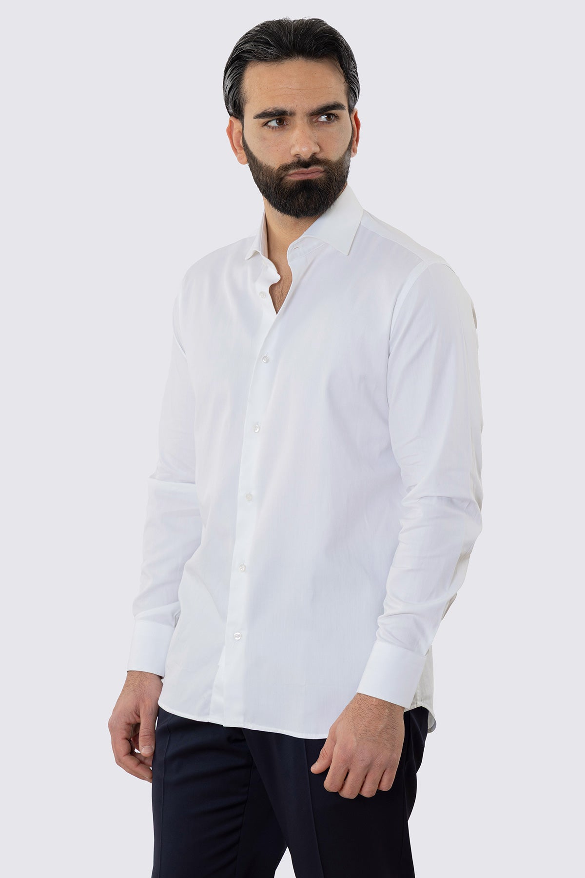 CAMICIA BIANCA REGULAR FIT 100% COTONE NO IRON TINTA UNITA COLLO SEMI FRANCESE POLSO SMUSSATO MILETA TESSUTI
