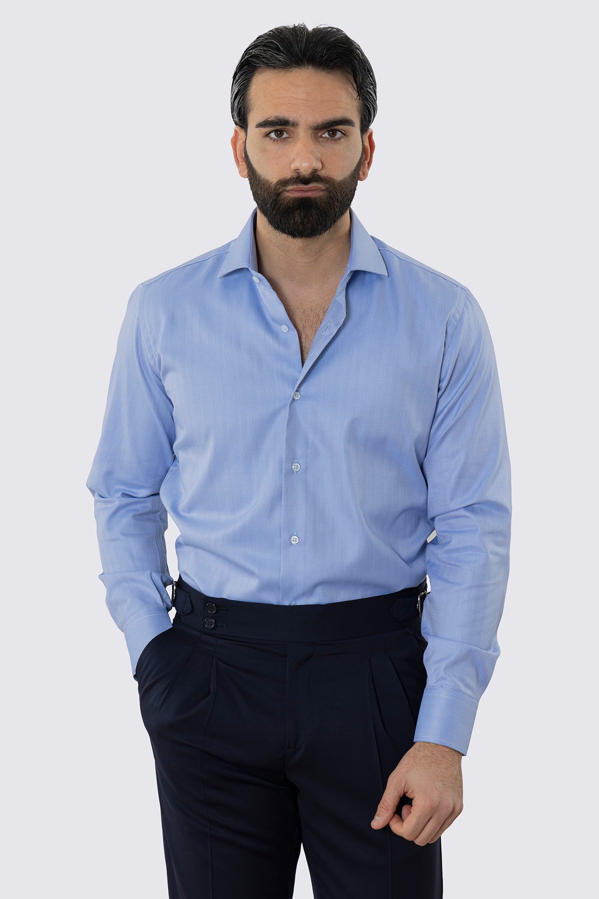 CAMICIA  AZZURRA SPIGATA REGULAR FIT 100% COTONE  COLLO SEMI FRANCESE POLSO SMUSSATO MILETA TESSUTI