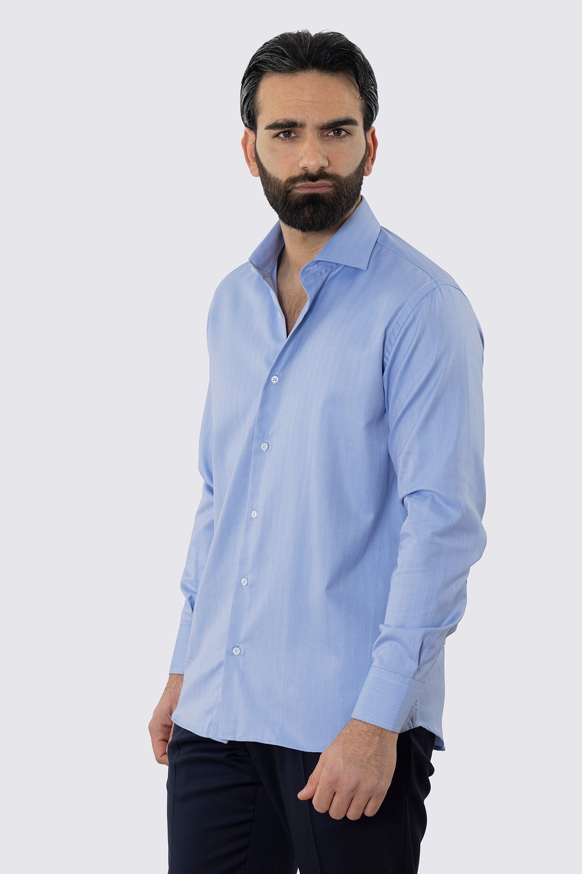 CAMICIA  AZZURRA SPIGATA REGULAR FIT 100% COTONE  COLLO SEMI FRANCESE POLSO SMUSSATO MILETA TESSUTI