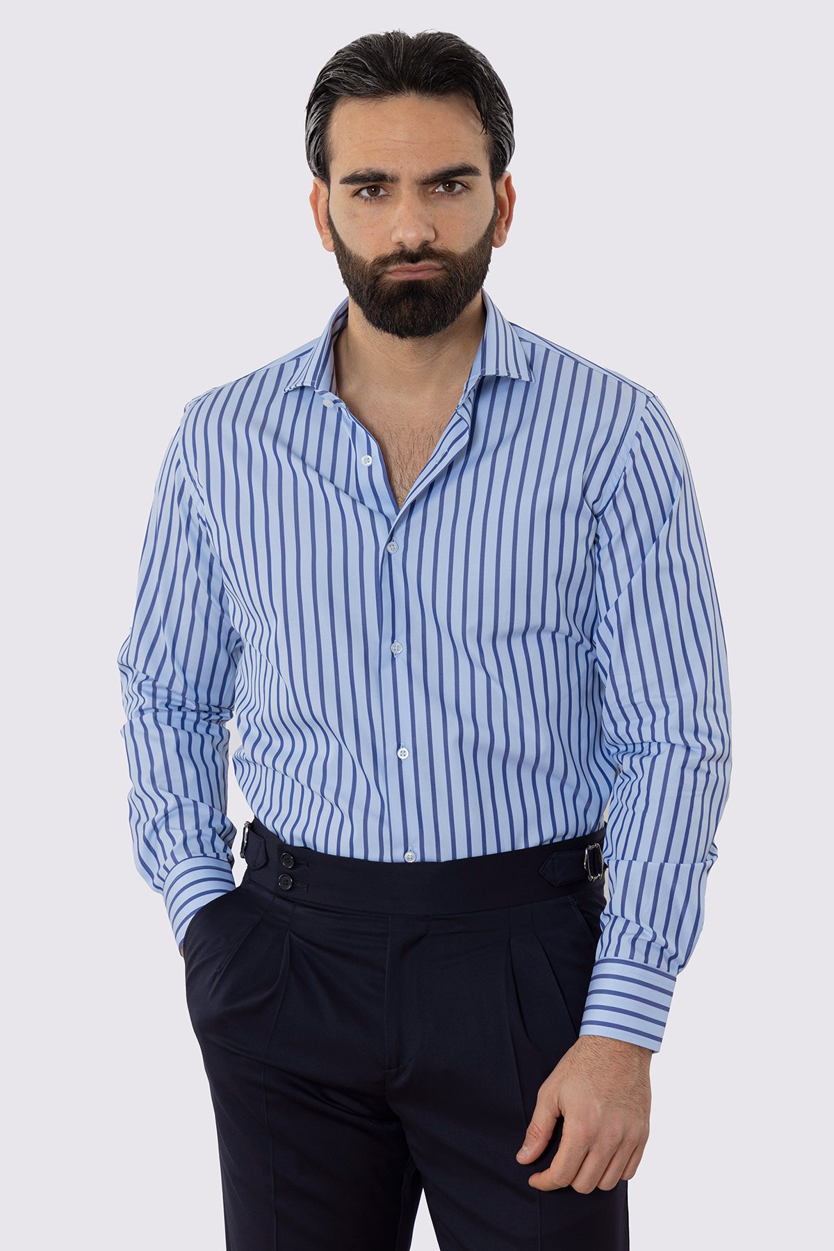 CAMICIA  AZZURRA RIGA BLU REGULAR FIT 100% COTONE COLLO SEMI FRANCESE POLSO SMUSSATO MILETA TESSUTI