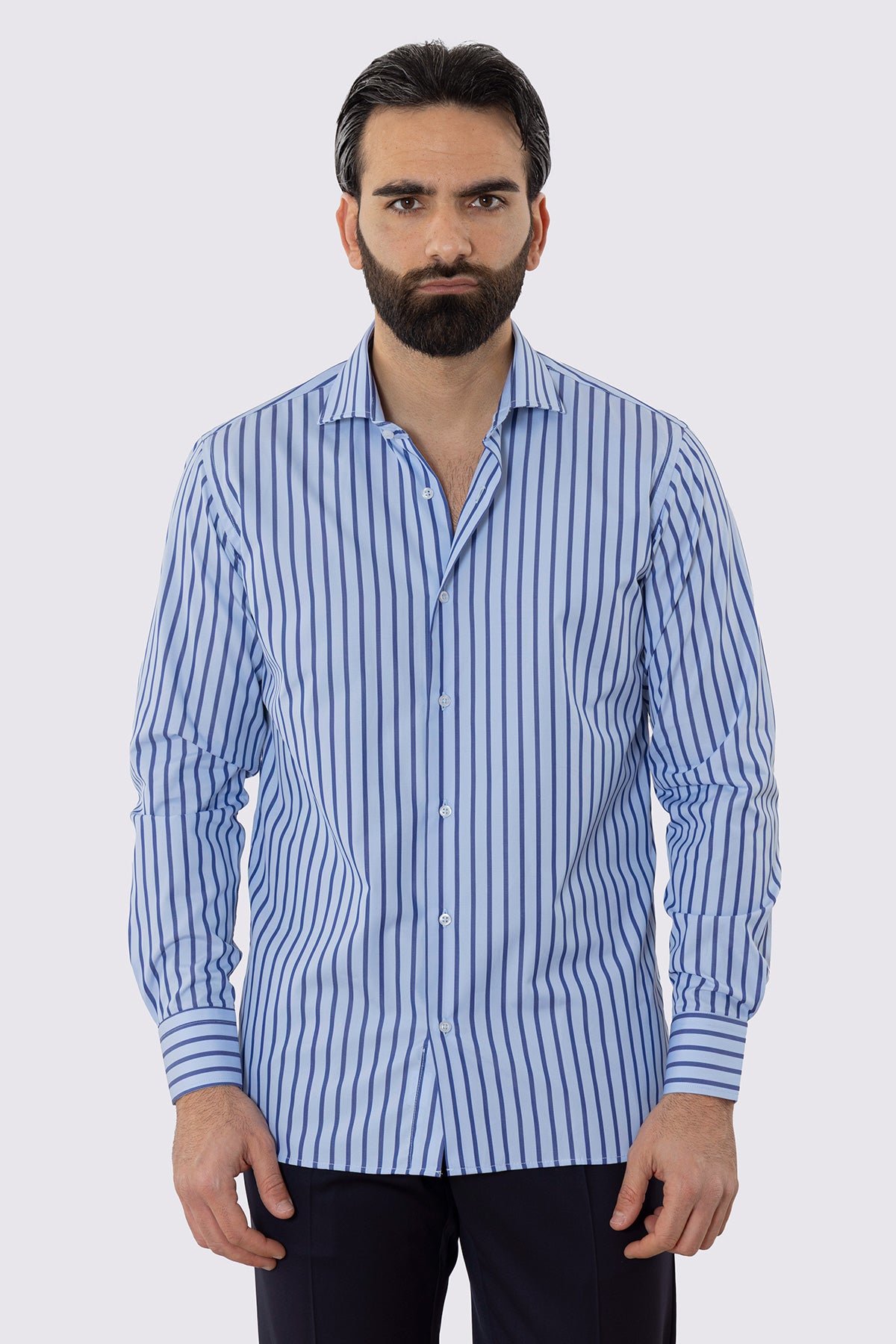 CAMICIA  AZZURRA RIGA BLU REGULAR FIT 100% COTONE COLLO SEMI FRANCESE POLSO SMUSSATO MILETA TESSUTI