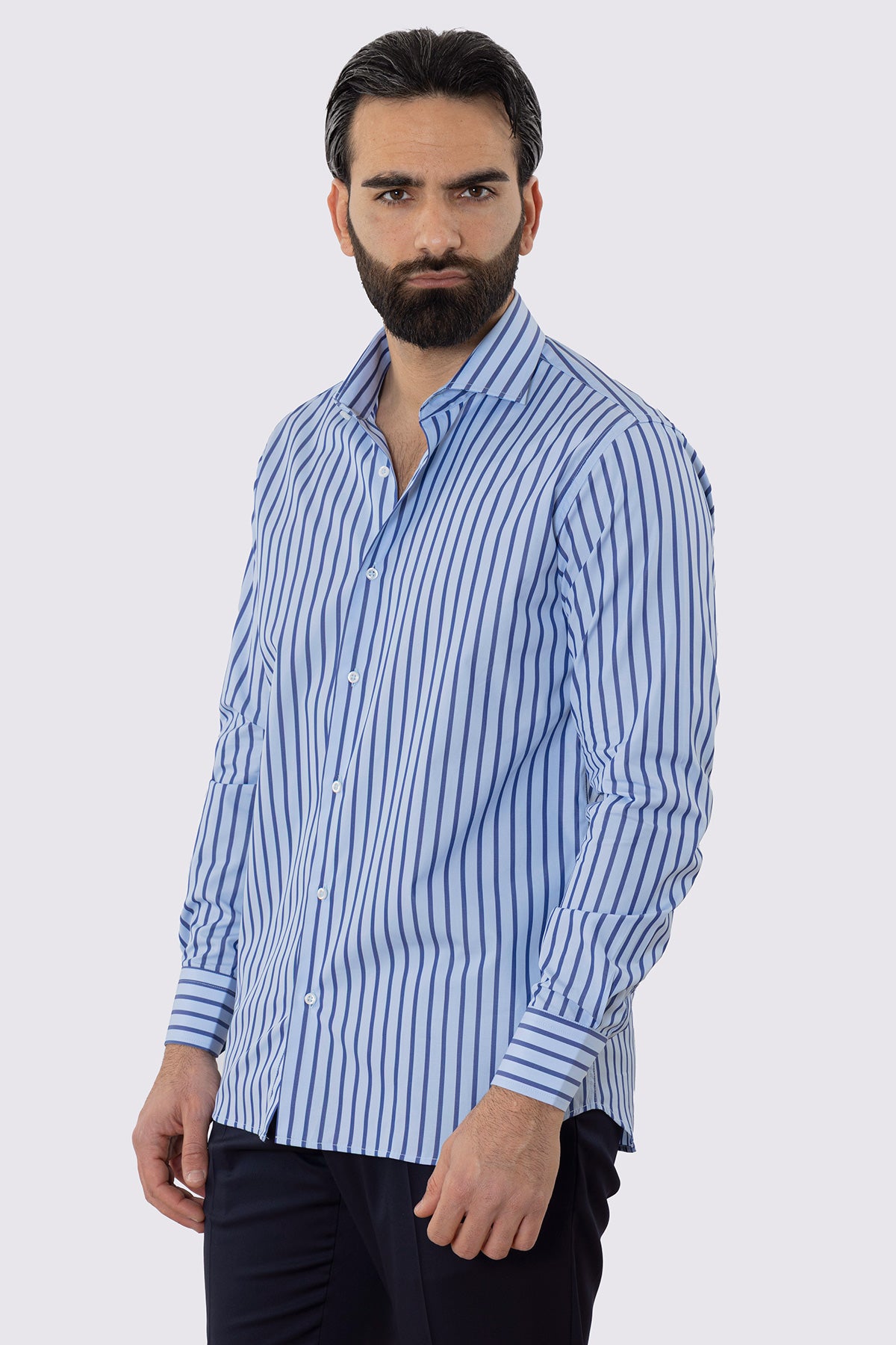 CAMICIA  AZZURRA RIGA BLU REGULAR FIT 100% COTONE COLLO SEMI FRANCESE POLSO SMUSSATO MILETA TESSUTI