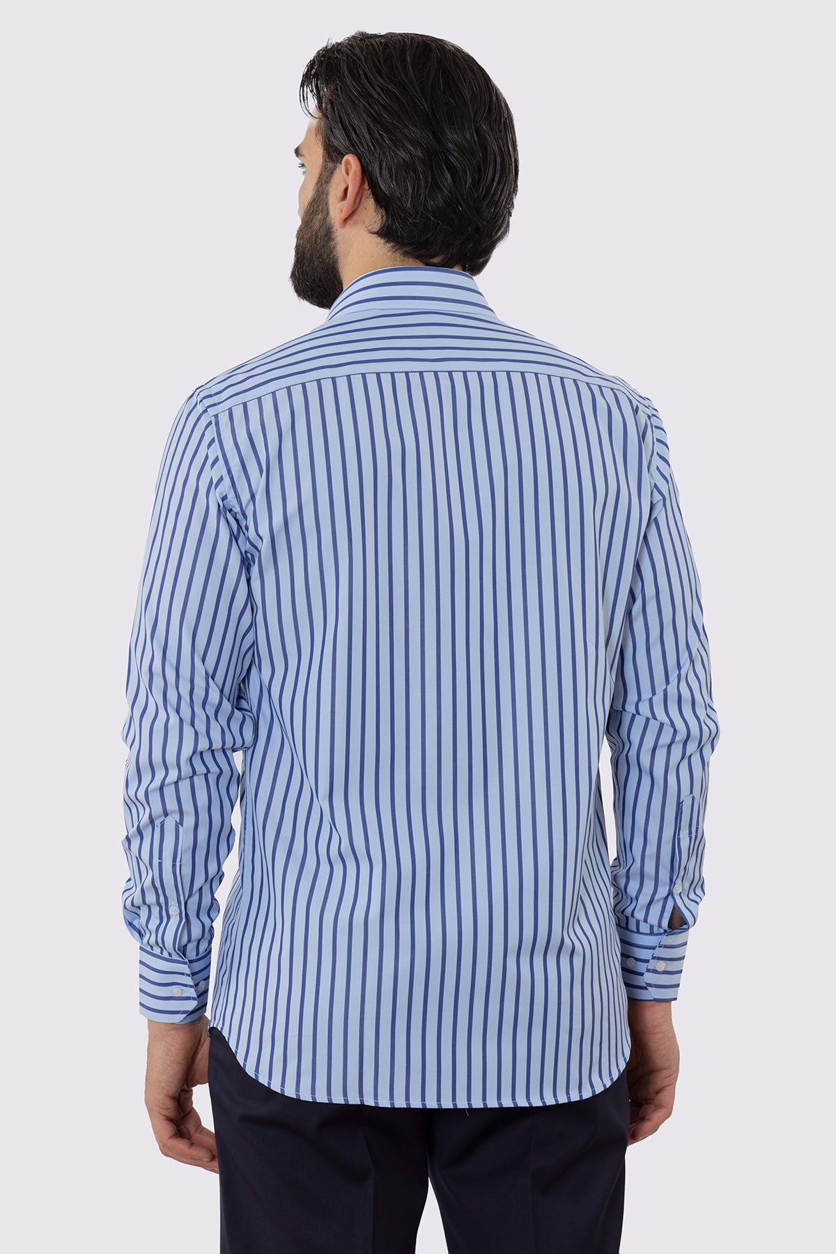 CAMICIA  AZZURRA RIGA BLU REGULAR FIT 100% COTONE COLLO SEMI FRANCESE POLSO SMUSSATO MILETA TESSUTI
