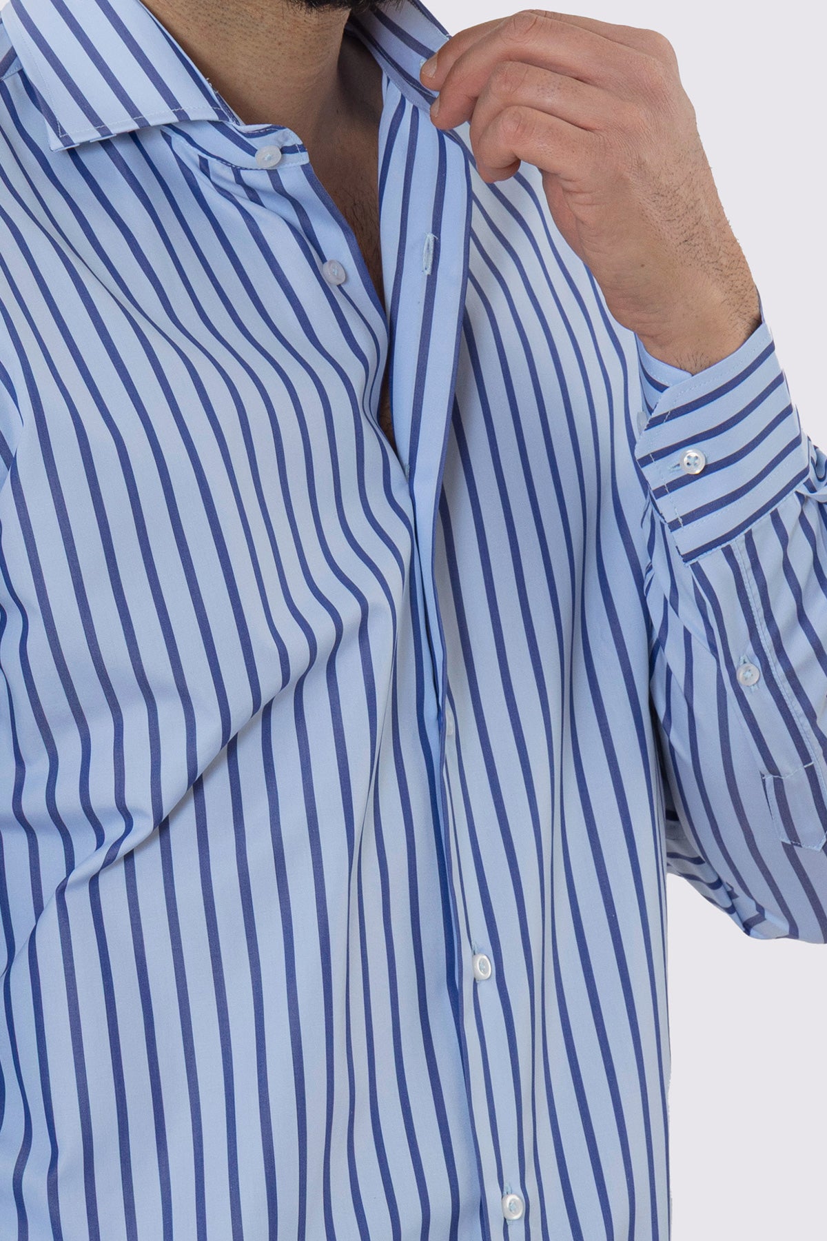 CAMICIA  AZZURRA RIGA BLU REGULAR FIT 100% COTONE COLLO SEMI FRANCESE POLSO SMUSSATO MILETA TESSUTI