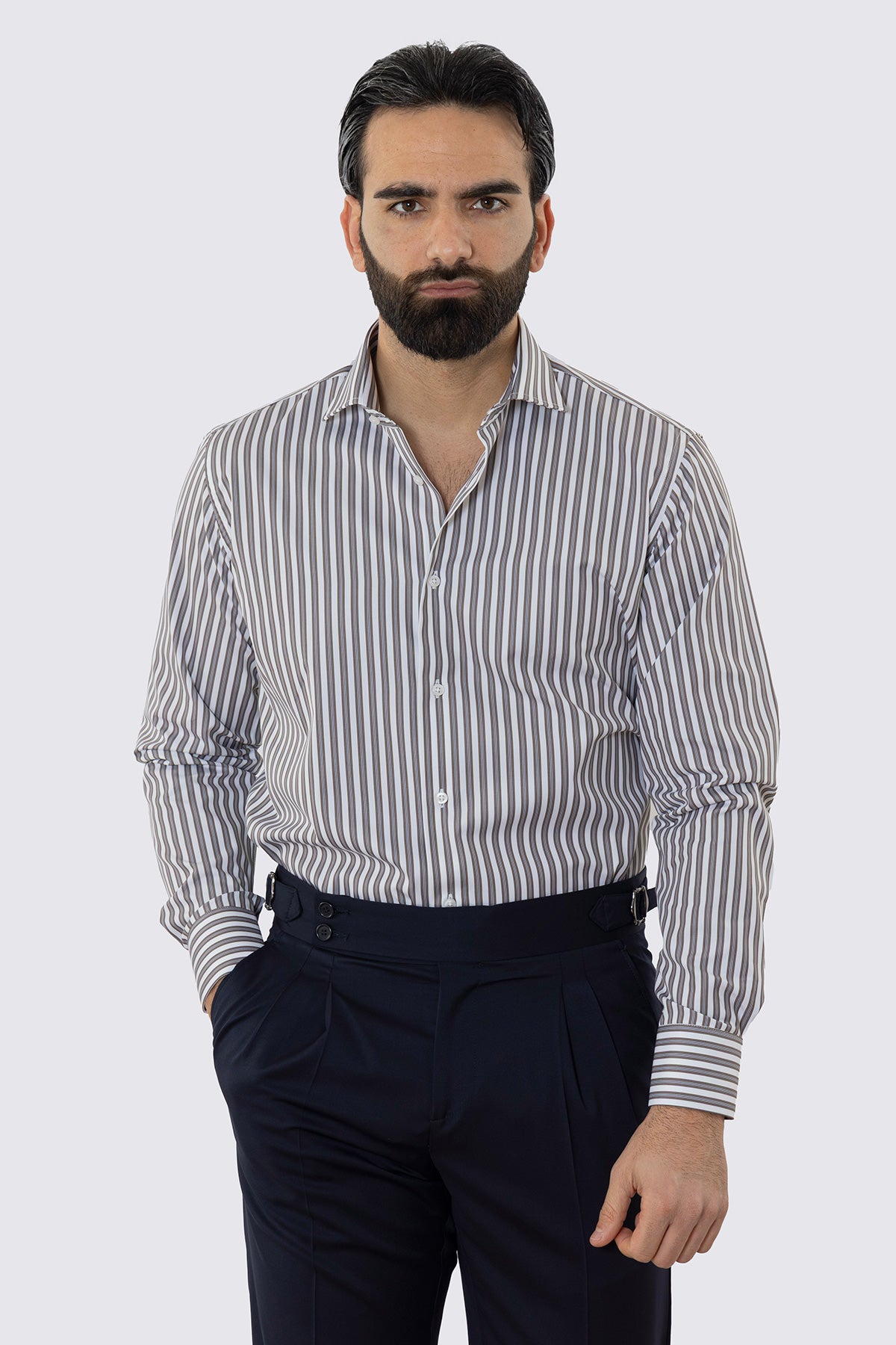 CAMICIA  BIANCA RIGA MARRONE E CELESTE REGULAR FIT 100% COTONE COLLO SEMI FRANCESE POLSO SMUSSATO MILETA TESSUTI