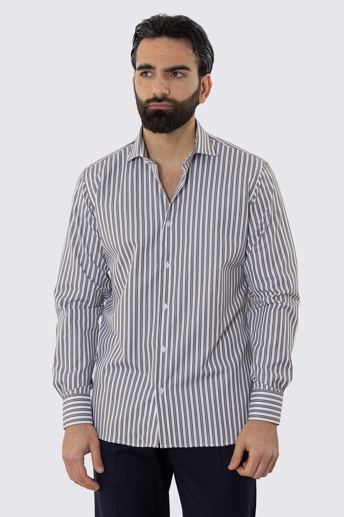 CAMICIA  BIANCA RIGA MARRONE E CELESTE REGULAR FIT 100% COTONE COLLO SEMI FRANCESE POLSO SMUSSATO MILETA TESSUTI