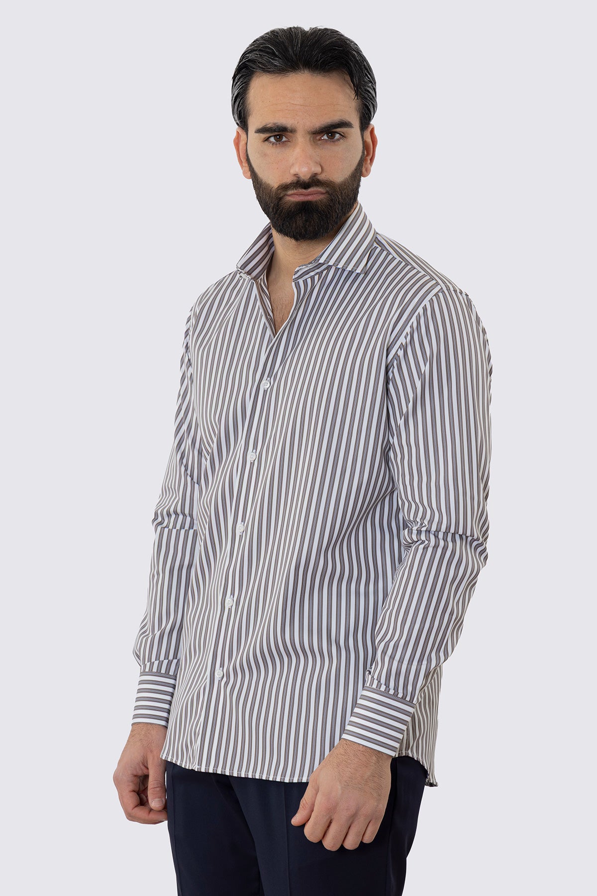 CAMICIA  BIANCA RIGA MARRONE E CELESTE REGULAR FIT 100% COTONE COLLO SEMI FRANCESE POLSO SMUSSATO MILETA TESSUTI
