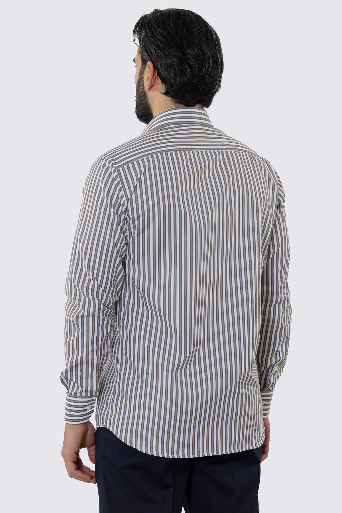 CAMICIA  BIANCA RIGA MARRONE E CELESTE REGULAR FIT 100% COTONE COLLO SEMI FRANCESE POLSO SMUSSATO MILETA TESSUTI