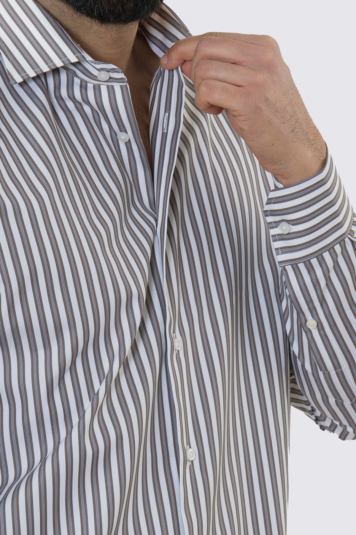 CAMICIA  BIANCA RIGA MARRONE E CELESTE REGULAR FIT 100% COTONE COLLO SEMI FRANCESE POLSO SMUSSATO MILETA TESSUTI