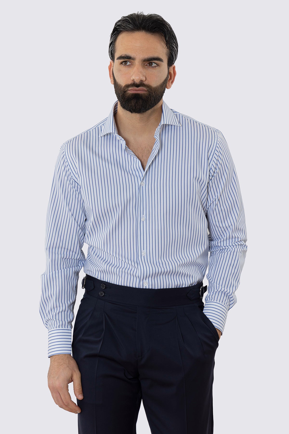 CAMICIA  BIANCA RIGA BLU E CELESTE REGULAR FIT 100% COTONE COLLO SEMI FRANCESE POLSO SMUSSATO MILETA TESSUTI