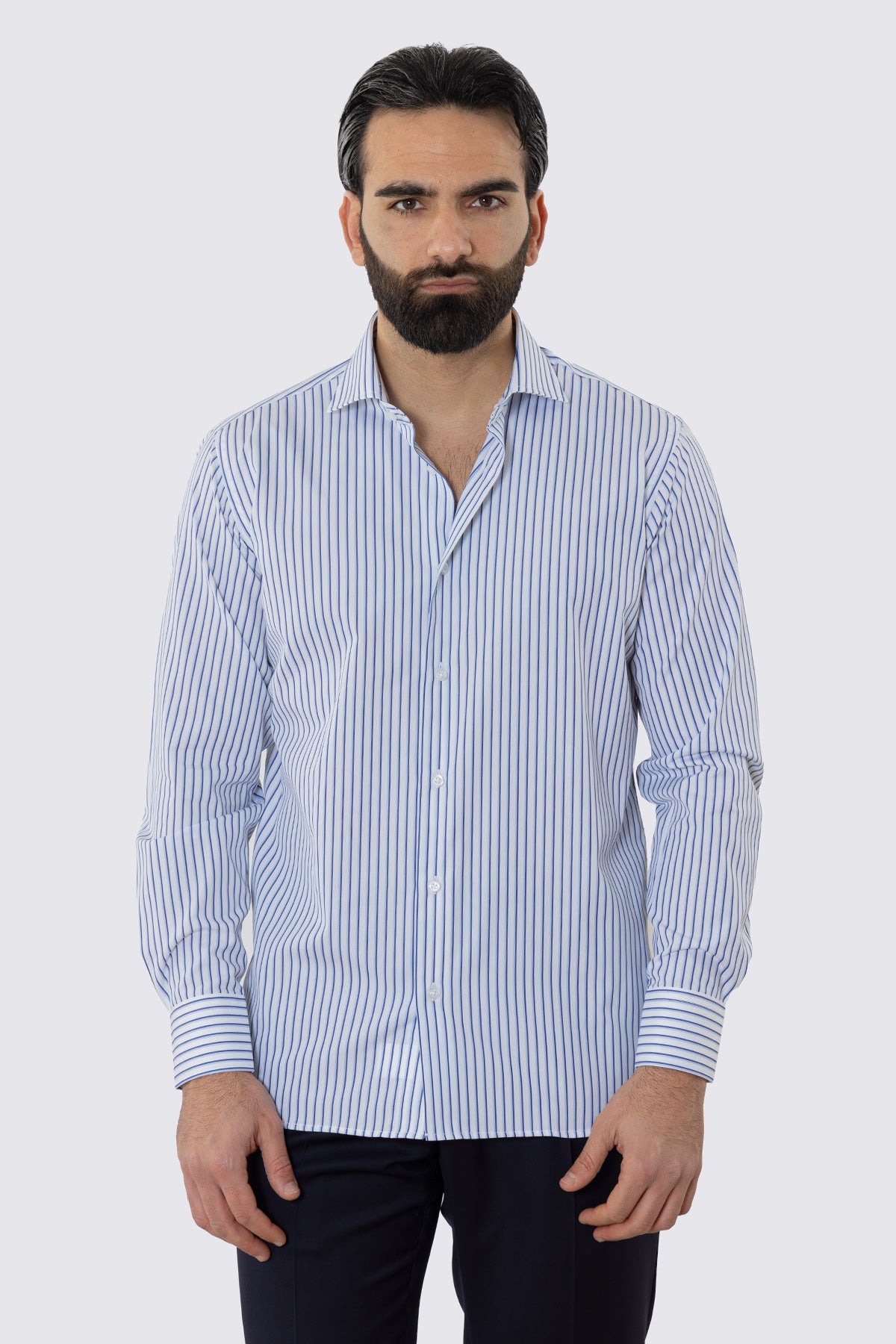 CAMICIA  BIANCA RIGA BLU E CELESTE REGULAR FIT 100% COTONE COLLO SEMI FRANCESE POLSO SMUSSATO MILETA TESSUTI