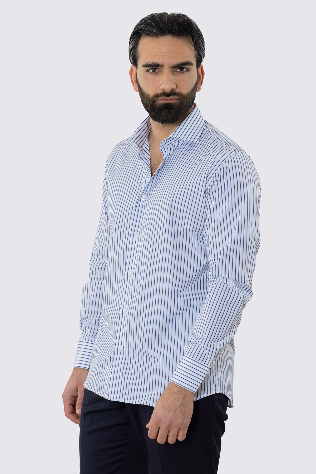 CAMICIA  BIANCA RIGA BLU E CELESTE REGULAR FIT 100% COTONE COLLO SEMI FRANCESE POLSO SMUSSATO MILETA TESSUTI