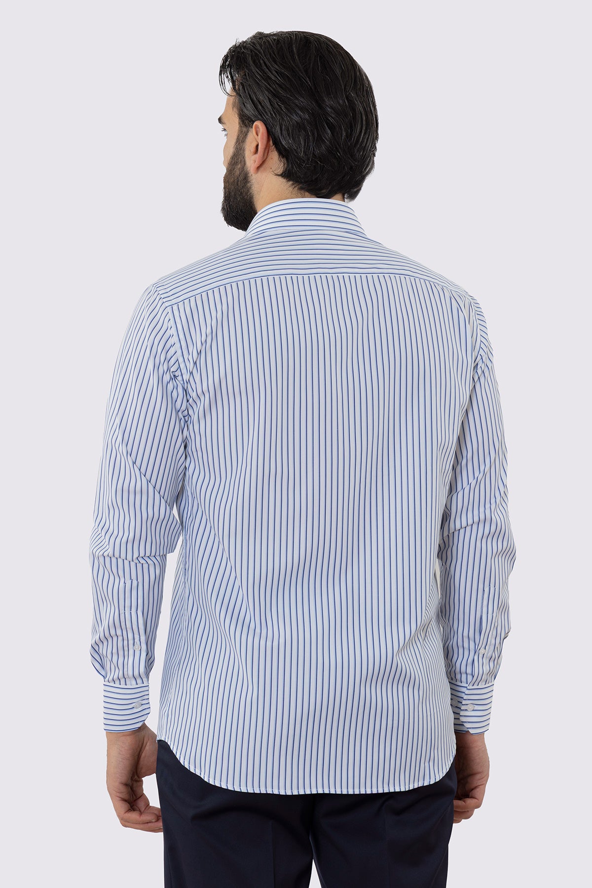 CAMICIA  BIANCA RIGA BLU E CELESTE REGULAR FIT 100% COTONE COLLO SEMI FRANCESE POLSO SMUSSATO MILETA TESSUTI