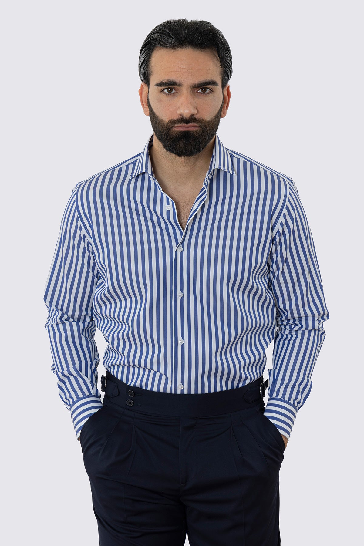 CAMICIA  BIANCA RIGA LARGA BLU REGULAR FIT 100% COTONE COLLO SEMI FRANCESE POLSO SMUSSATO MILETA TESSUTI