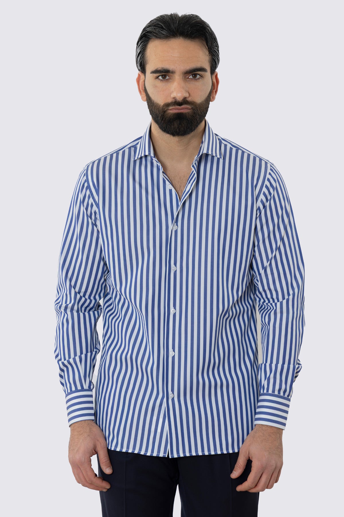 CAMICIA  BIANCA RIGA LARGA BLU REGULAR FIT 100% COTONE COLLO SEMI FRANCESE POLSO SMUSSATO MILETA TESSUTI